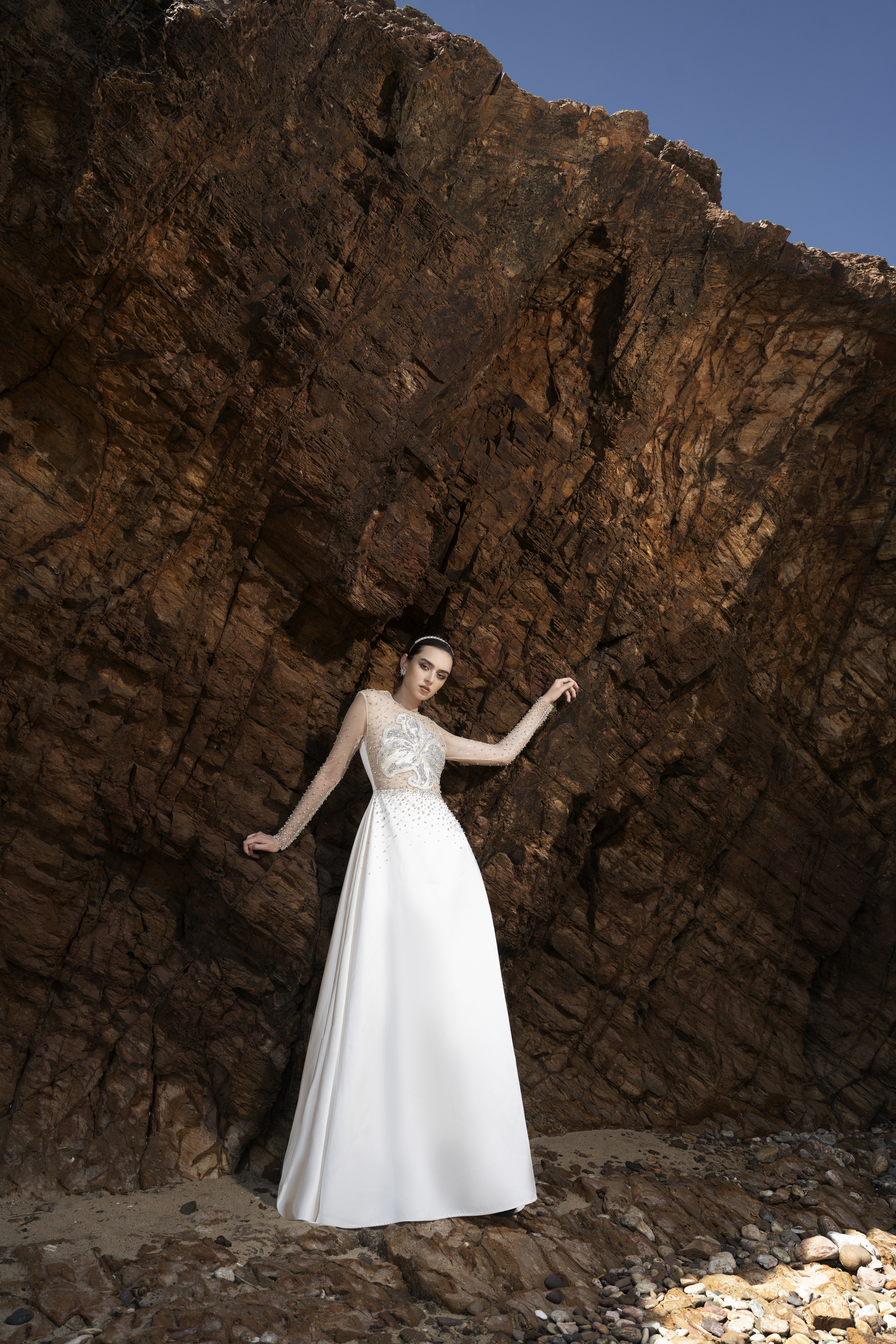 Sheer Embellished White Long Sleeve Maxi Gown