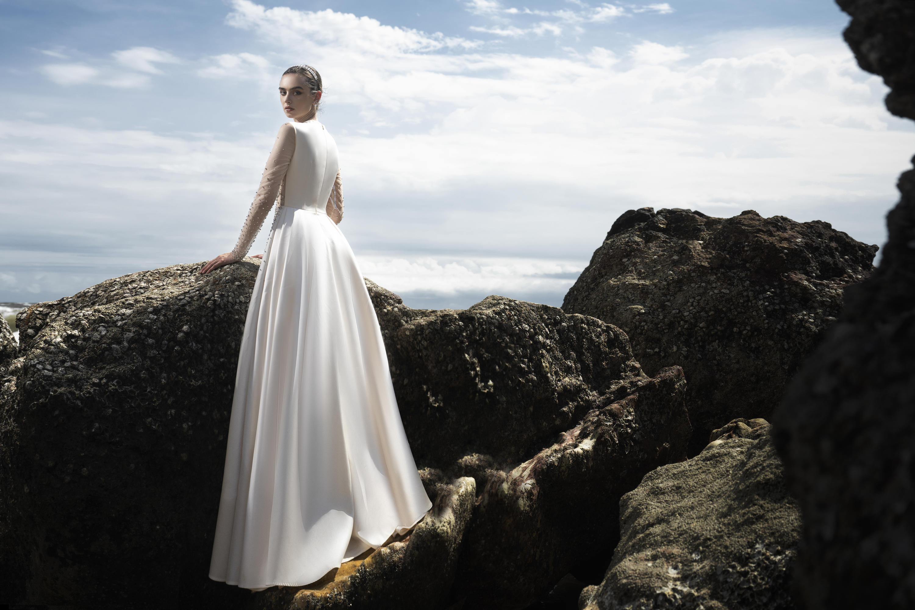 Sheer Embellished White Long Sleeve Maxi Gown