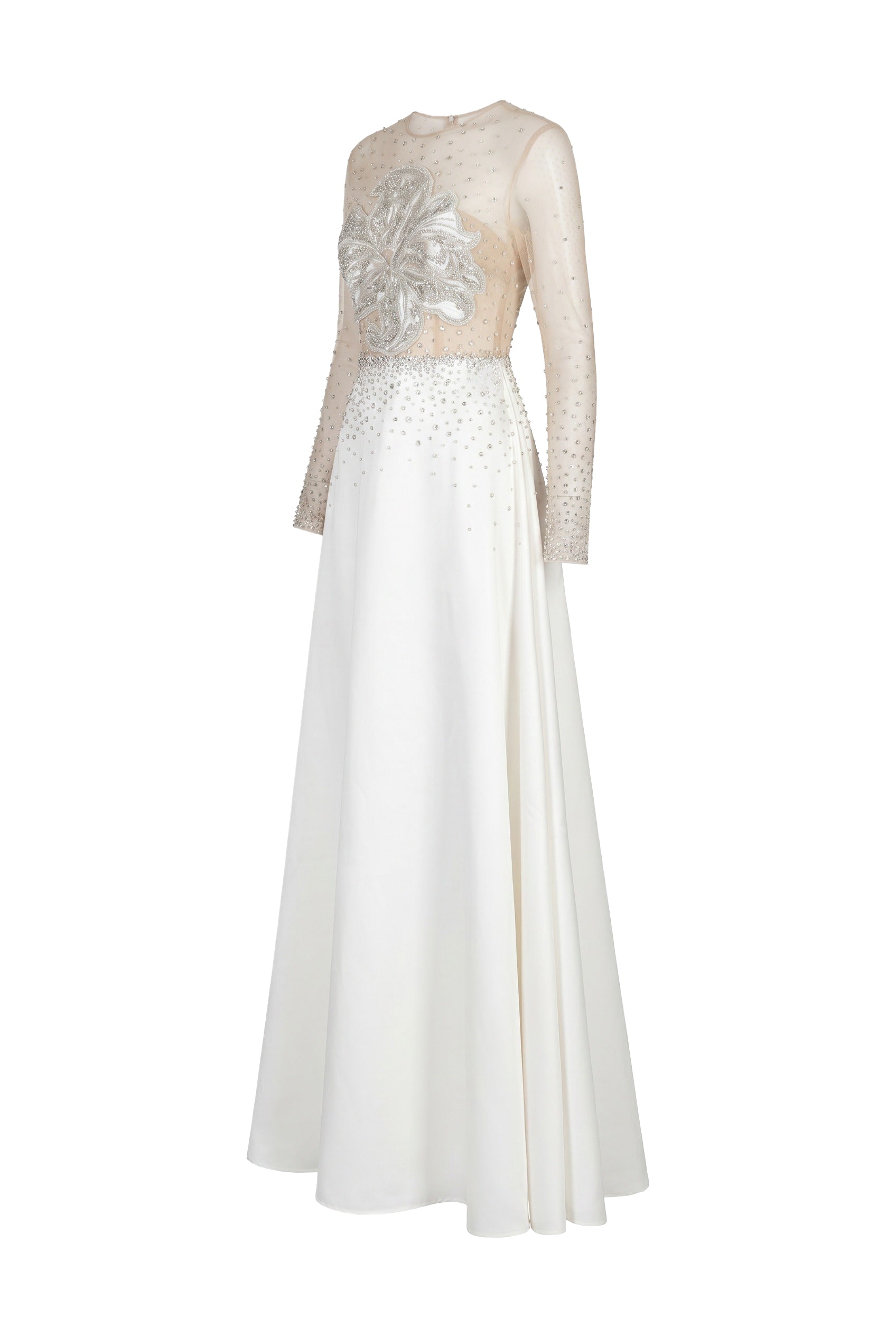 Sheer Embellished White Long Sleeve Maxi Gown