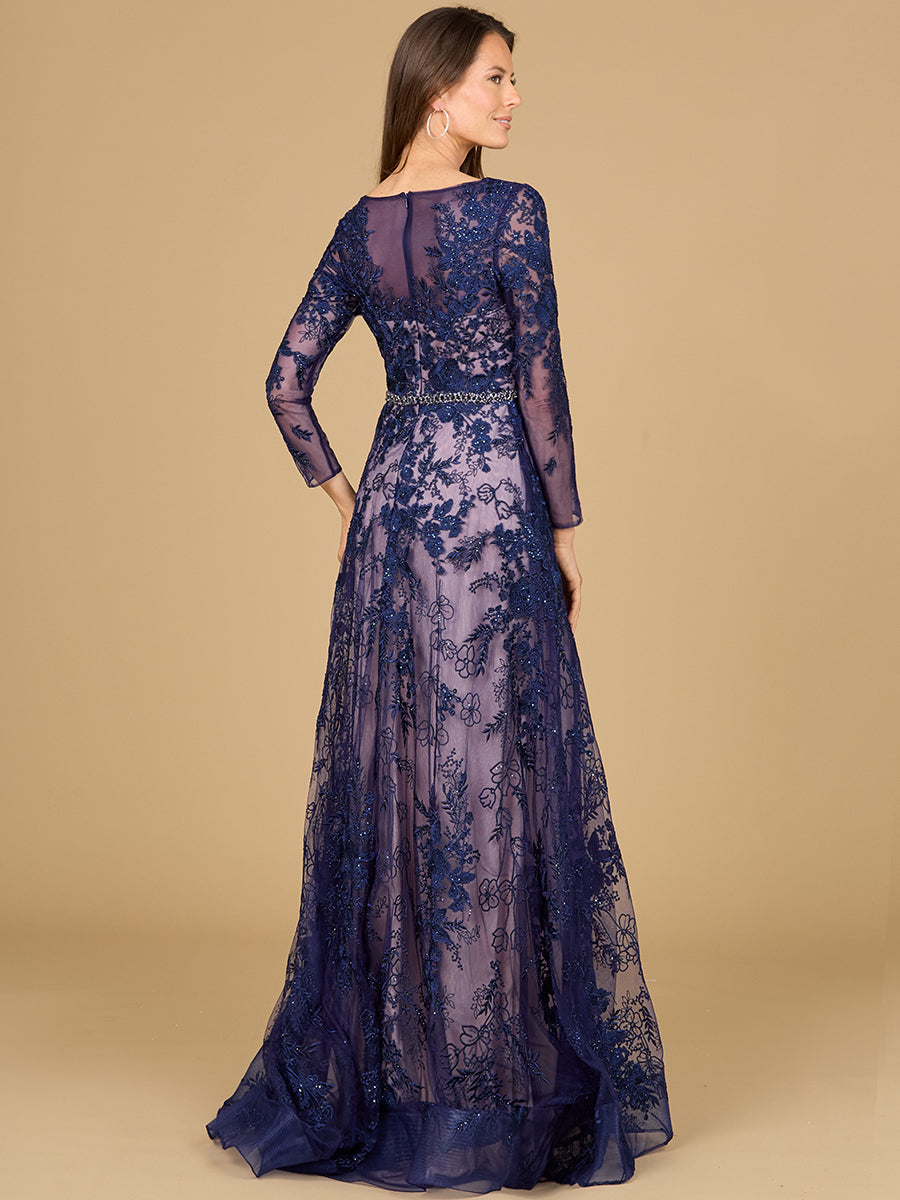 Shimmering Lace A-Line Gown with Long Sleeves 29132