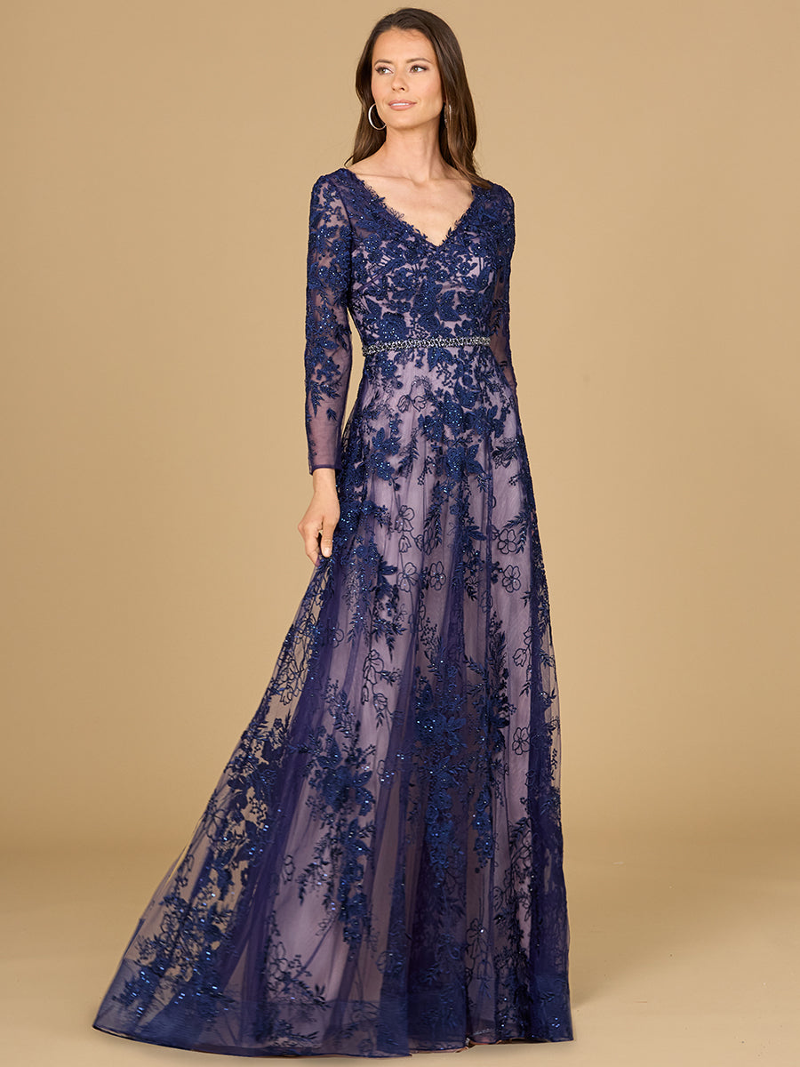 Shimmering Lace A-Line Gown with Long Sleeves 29132