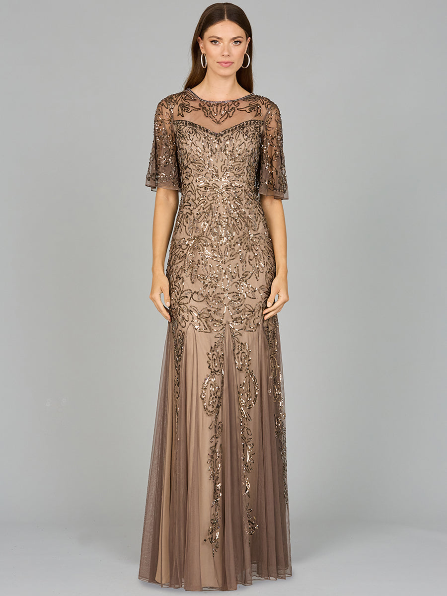Short Sleeve Sheath Beaded Gown 29092