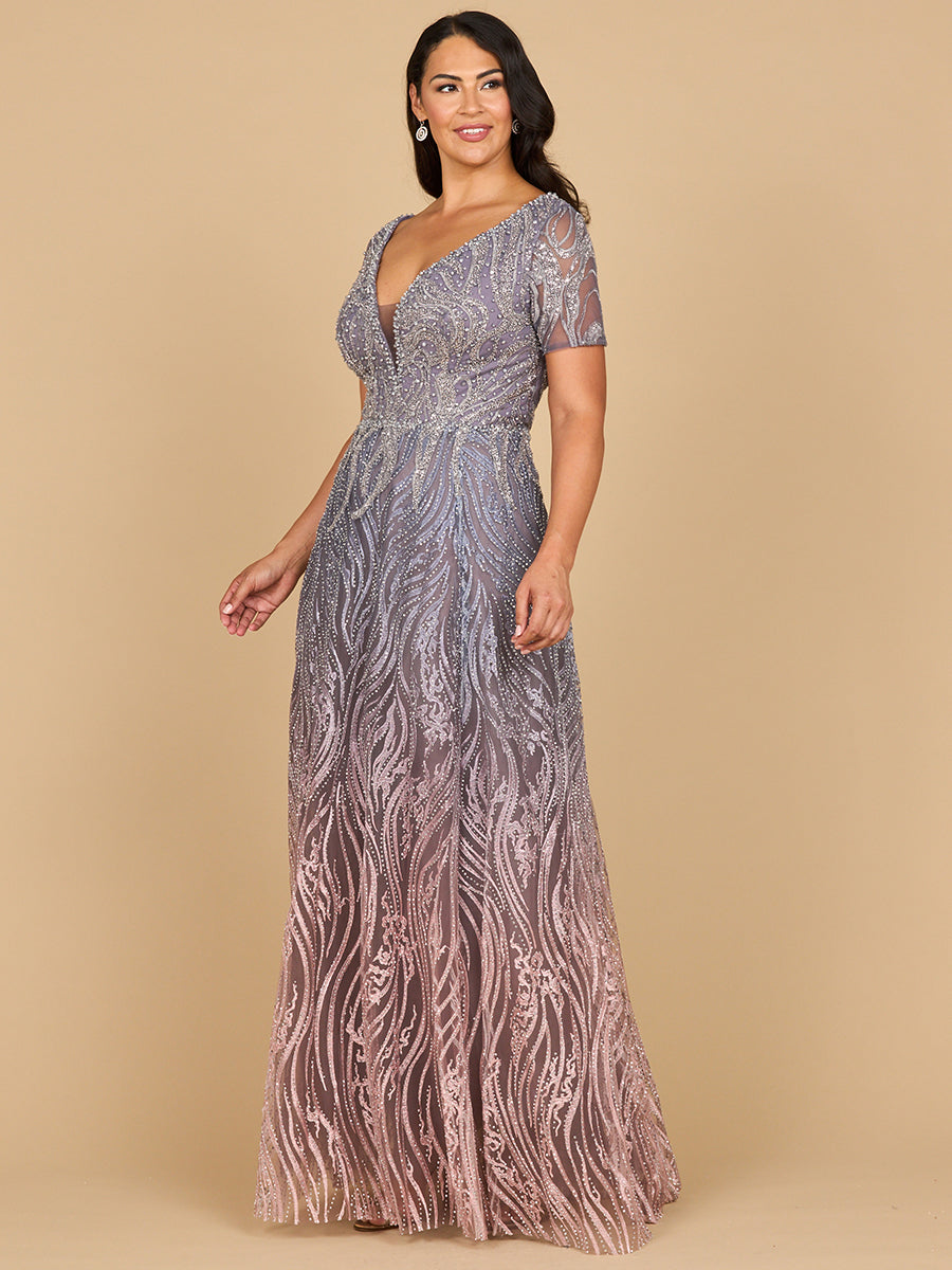Short Sleeve V-Neck Beaded Ballgown with Multi-Color Lace 28961