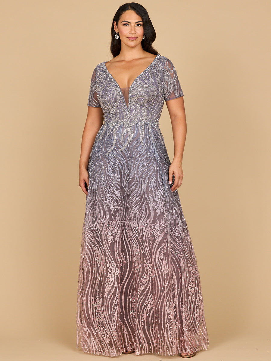 Short Sleeve V-Neck Beaded Ballgown with Multi-Color Lace 28961