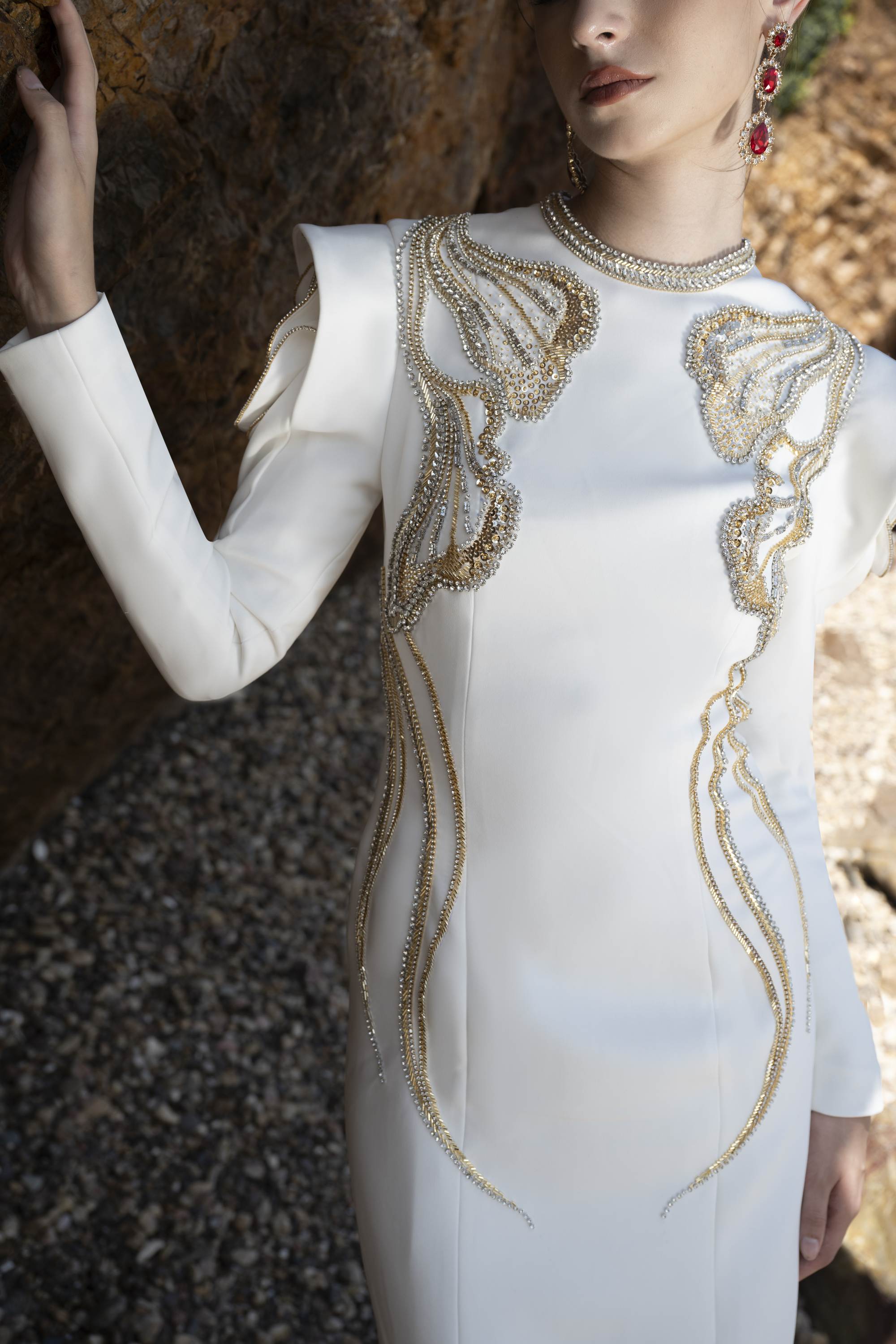 Shoulder Embellished White Column Gown