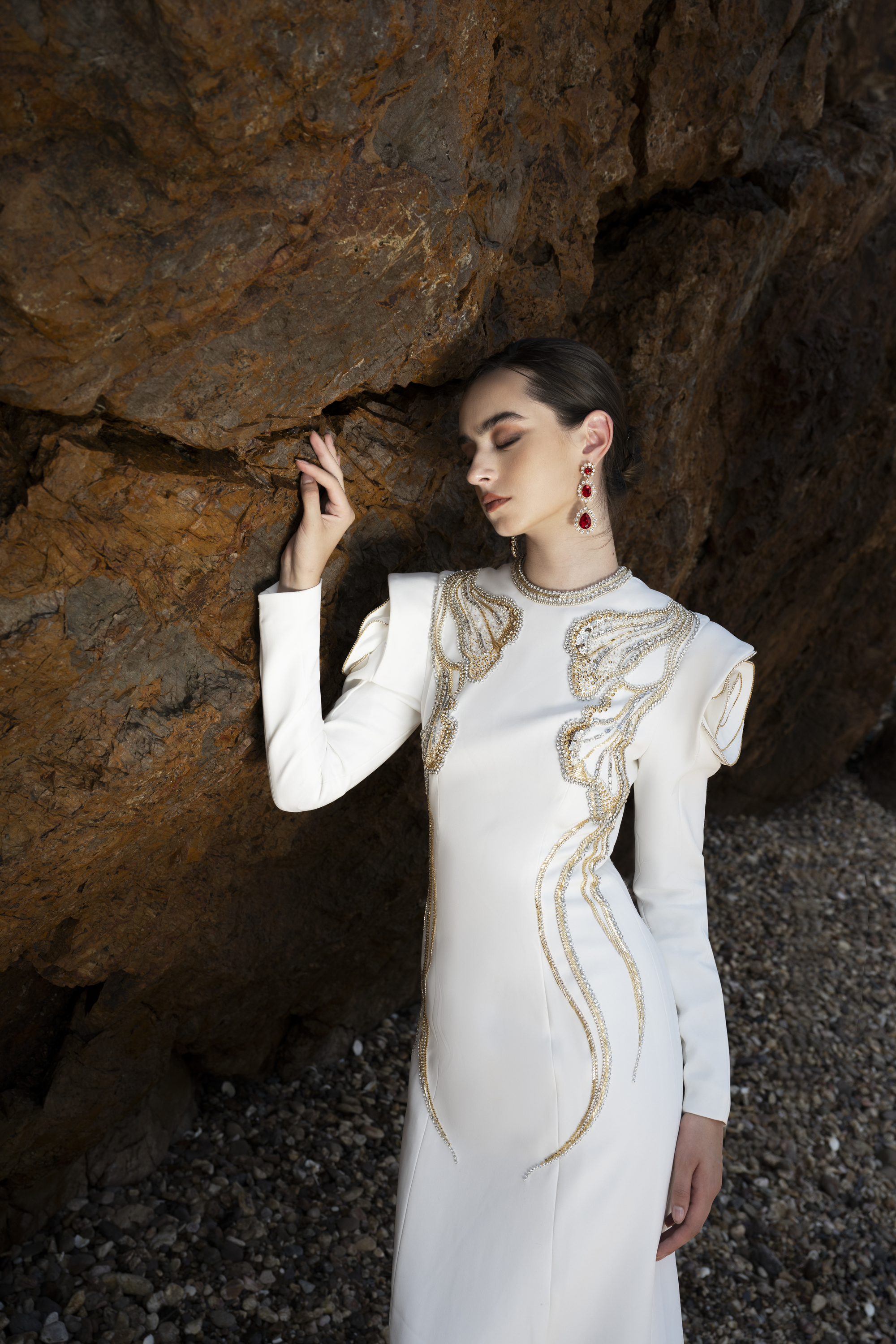 Shoulder Embellished White Column Gown
