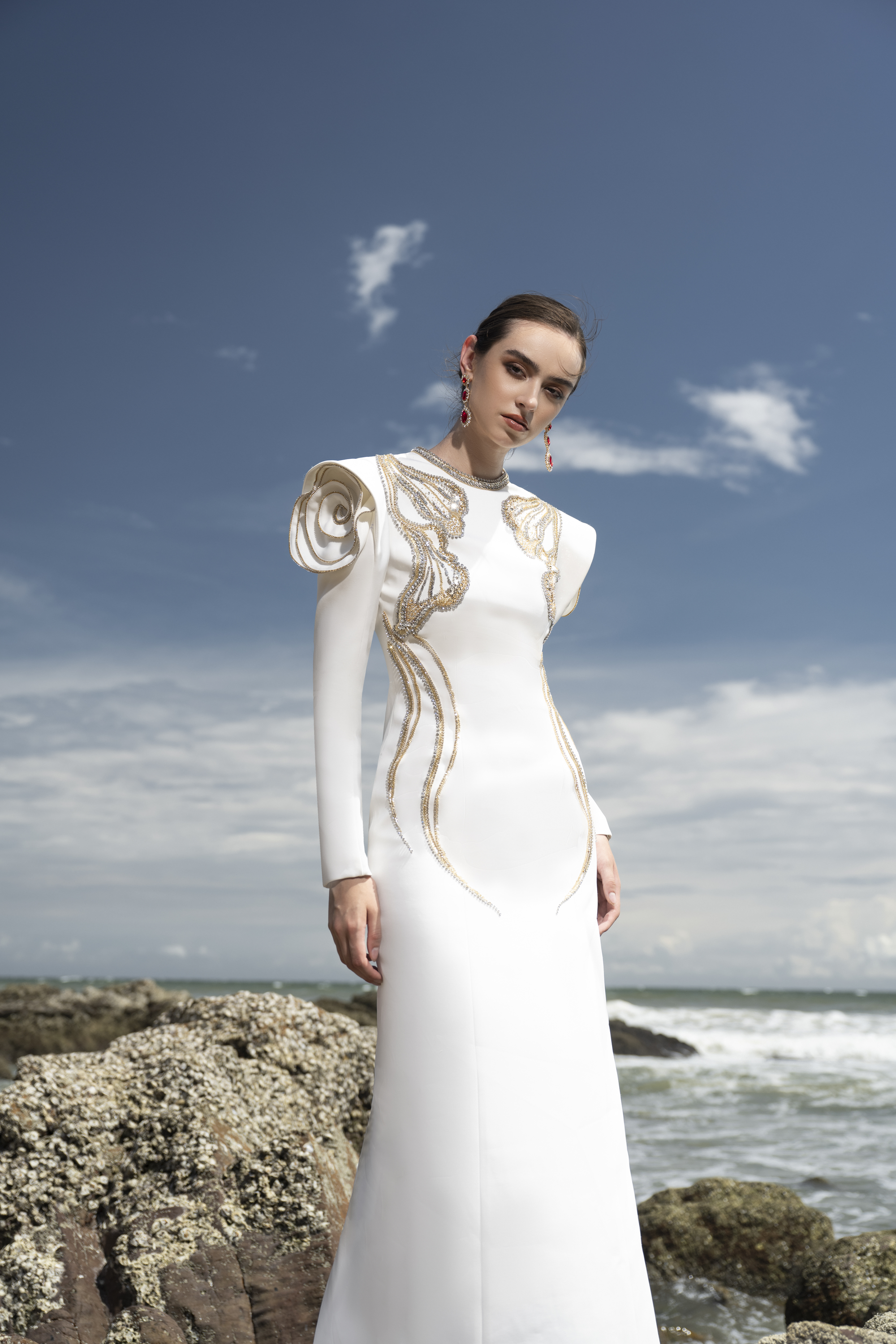Shoulder Embellished White Column Gown