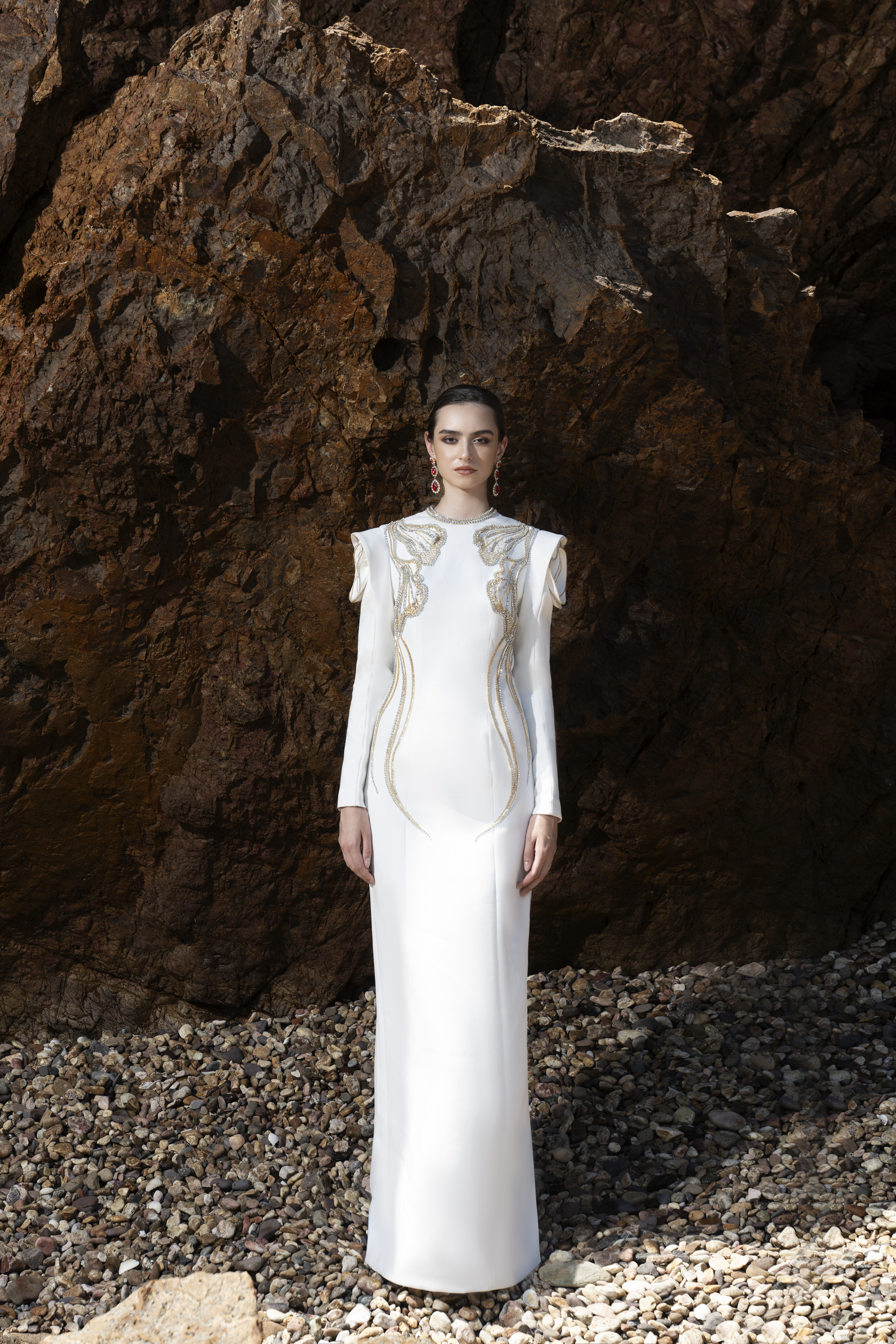 Shoulder Embellished White Column Gown
