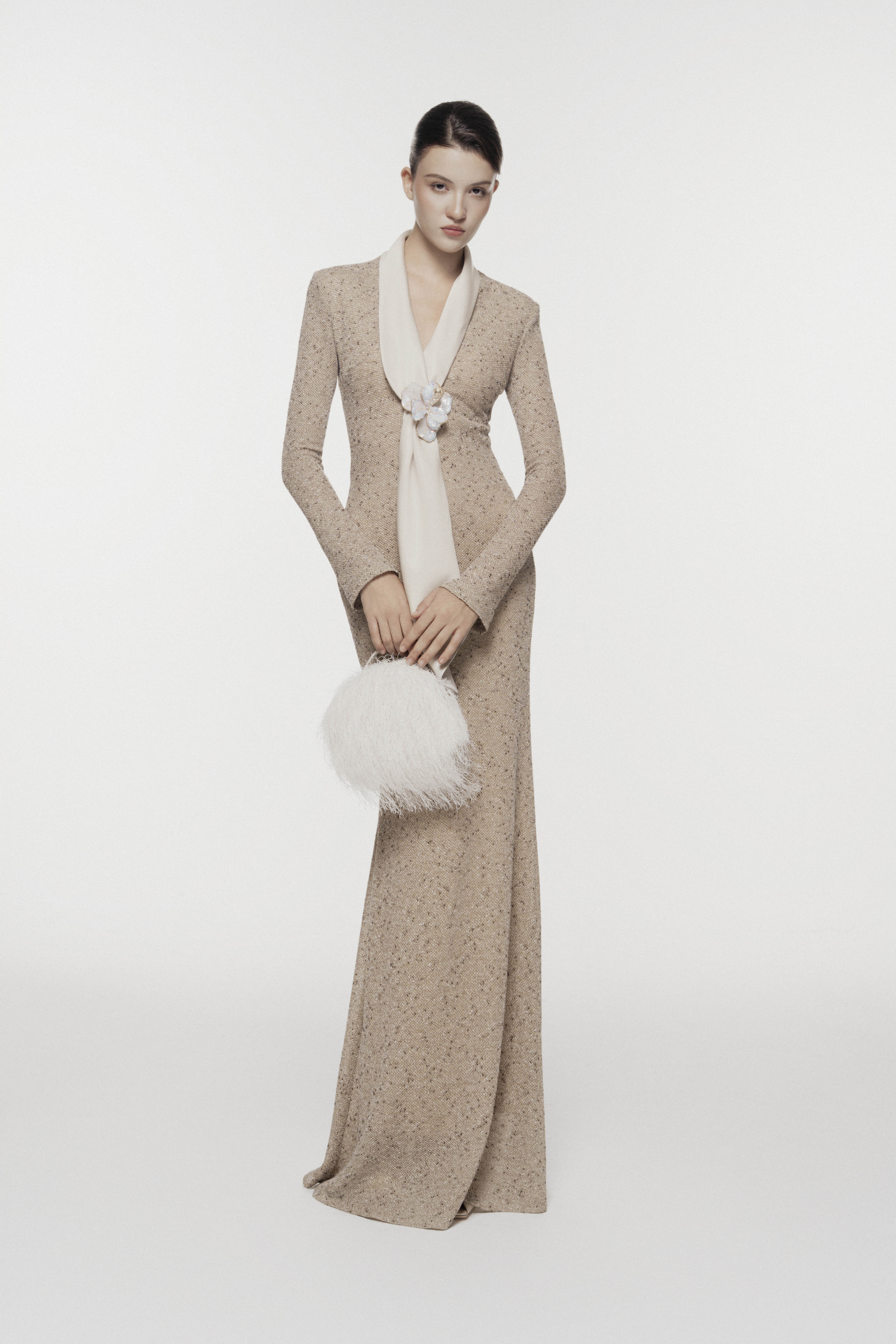 Silk Scarf-Lapel Column Gown
