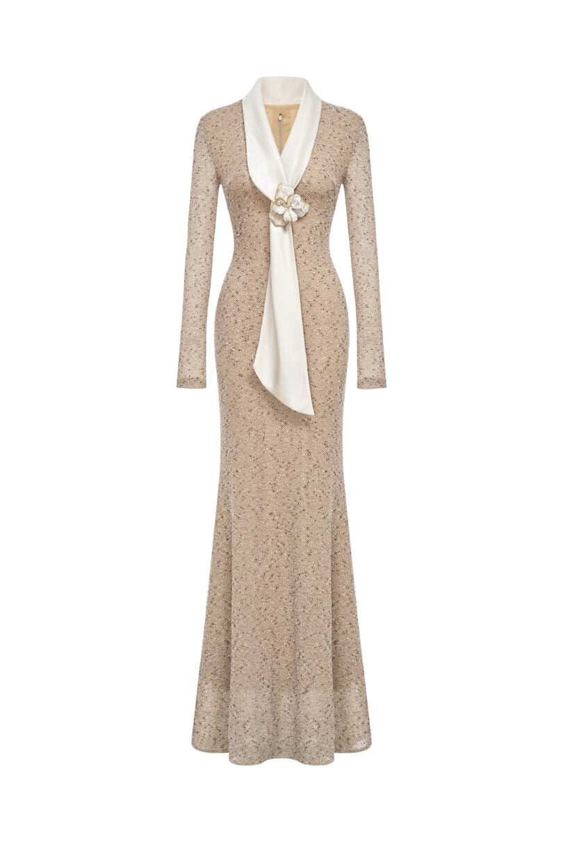 Silk Scarf-Lapel Column Gown