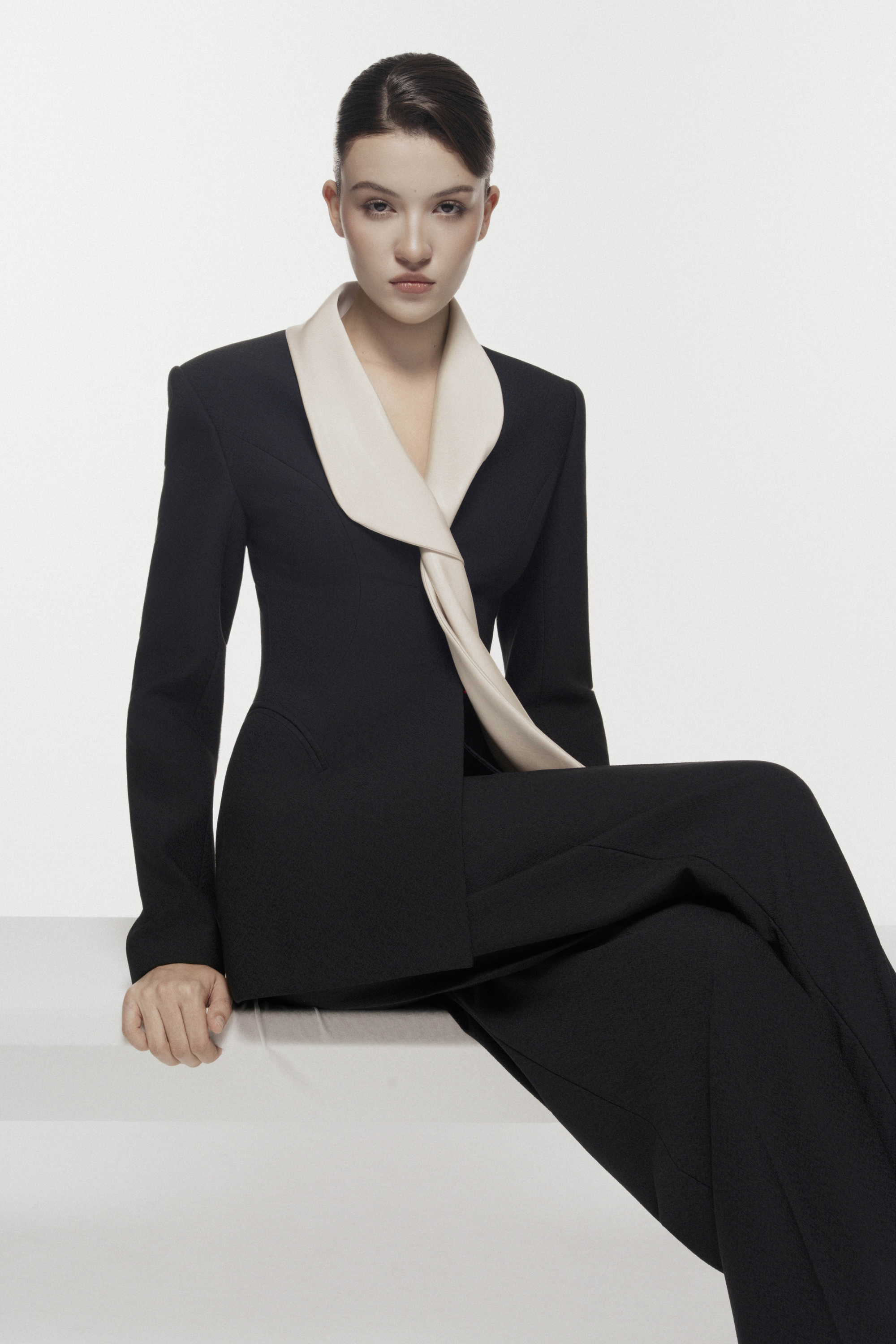 Silk-Scarf Lapel Tailored Set Design