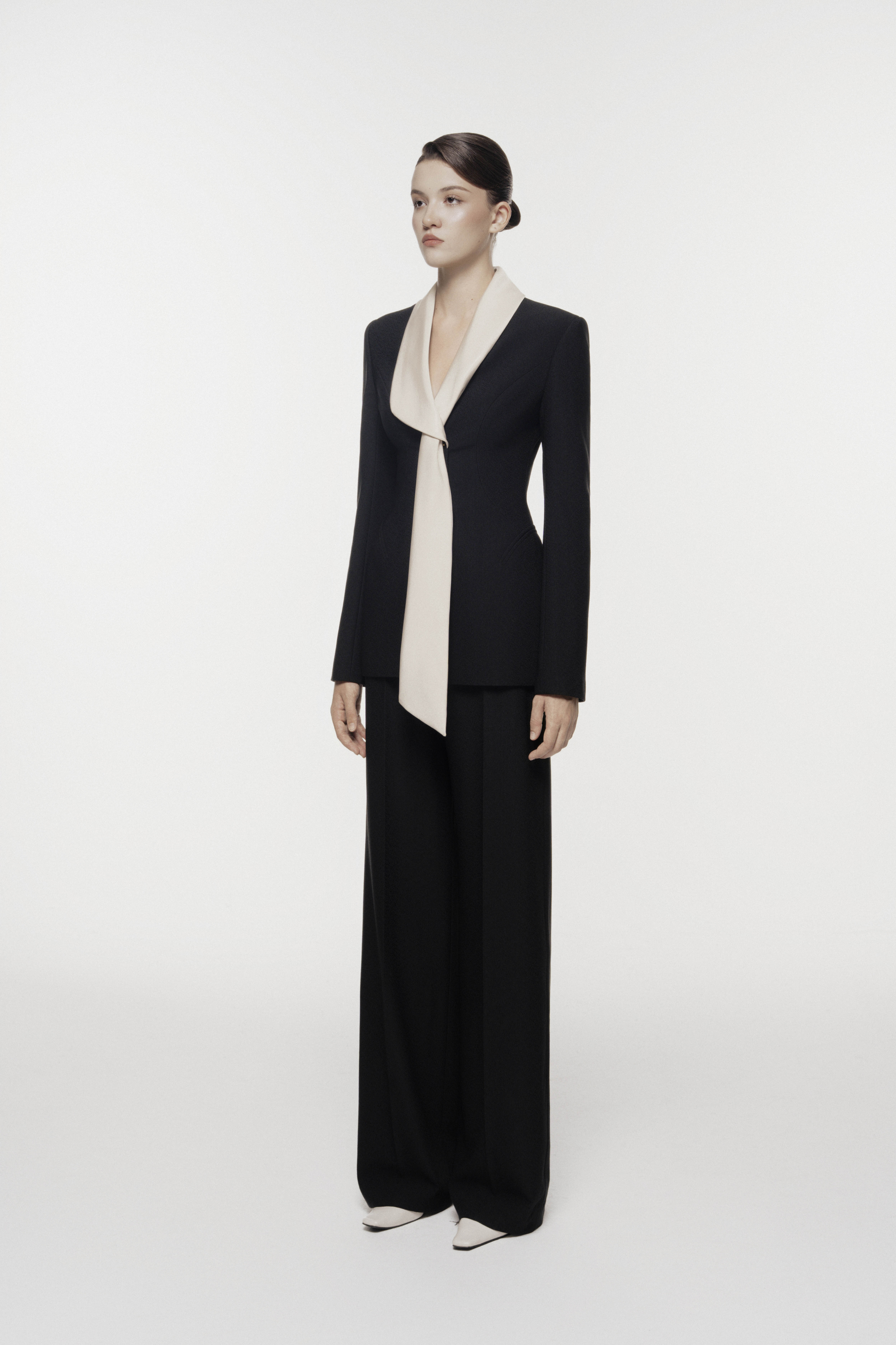 Silk-Scarf Lapel Tailored Set Design