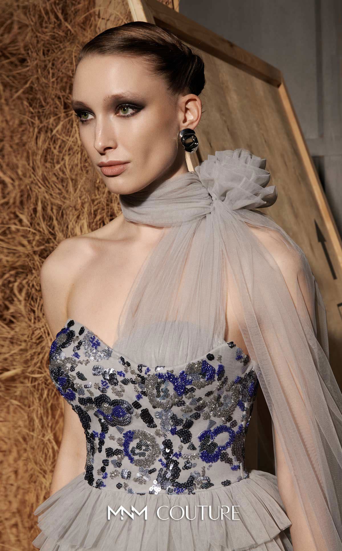 Silver Metallic Long Sleeve Evening Gown N0641