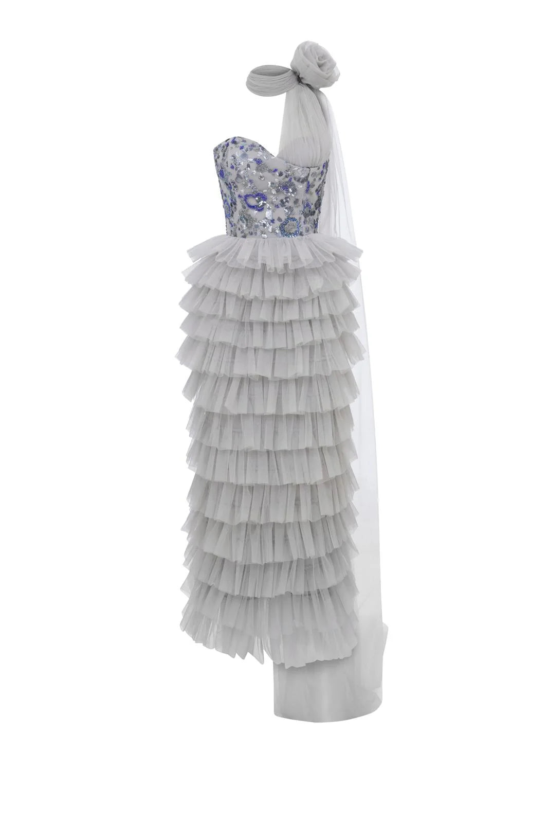 Silver Metallic Long Sleeve Evening Gown N0641