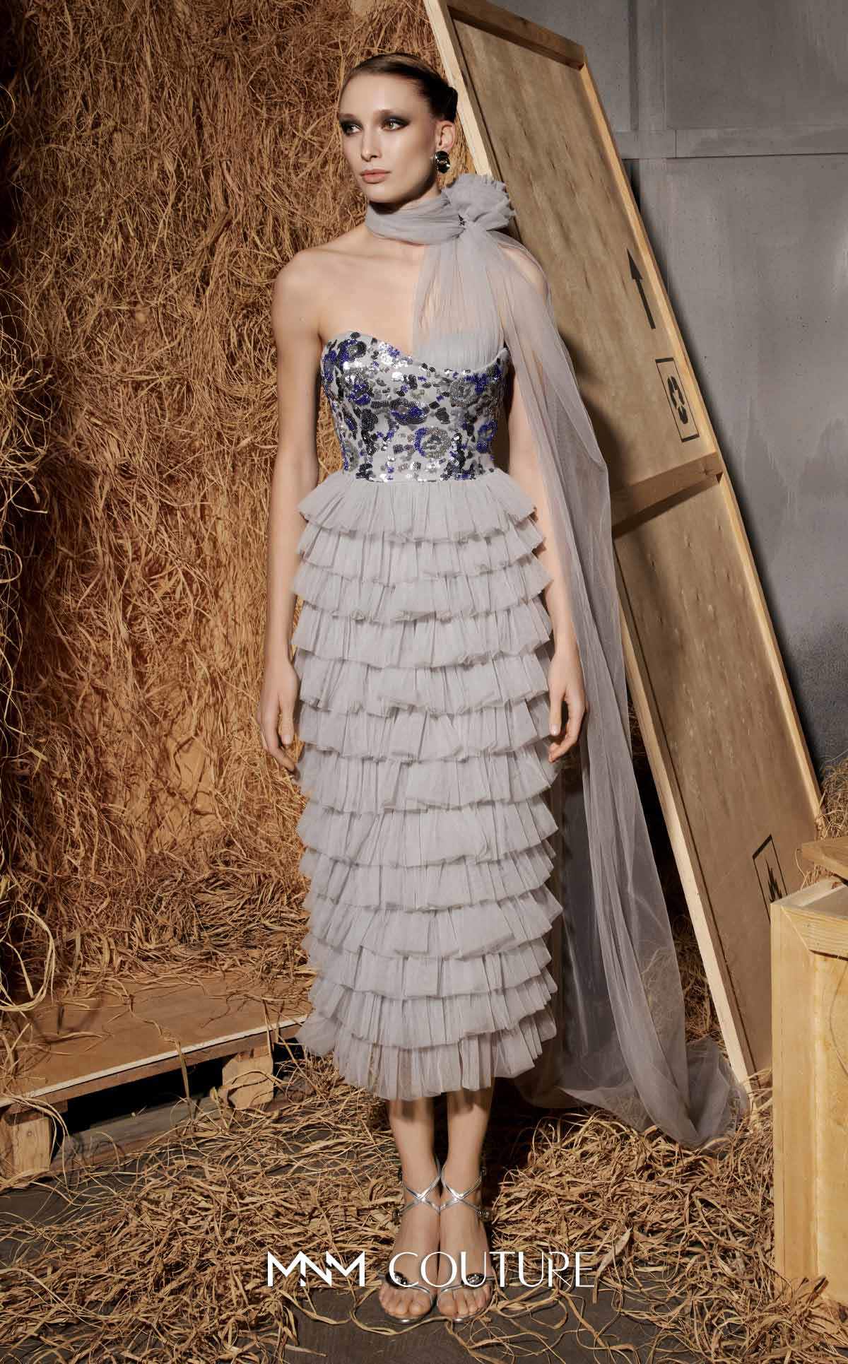Silver Metallic Long Sleeve Evening Gown N0641