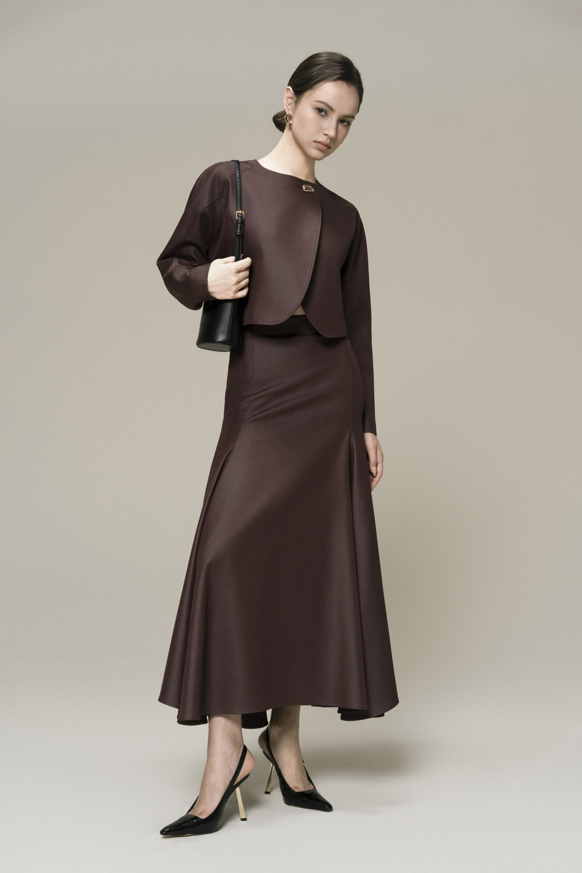 Solstice Cropped Jacket & Halo Fishtail Skirt in Chicory Coffee