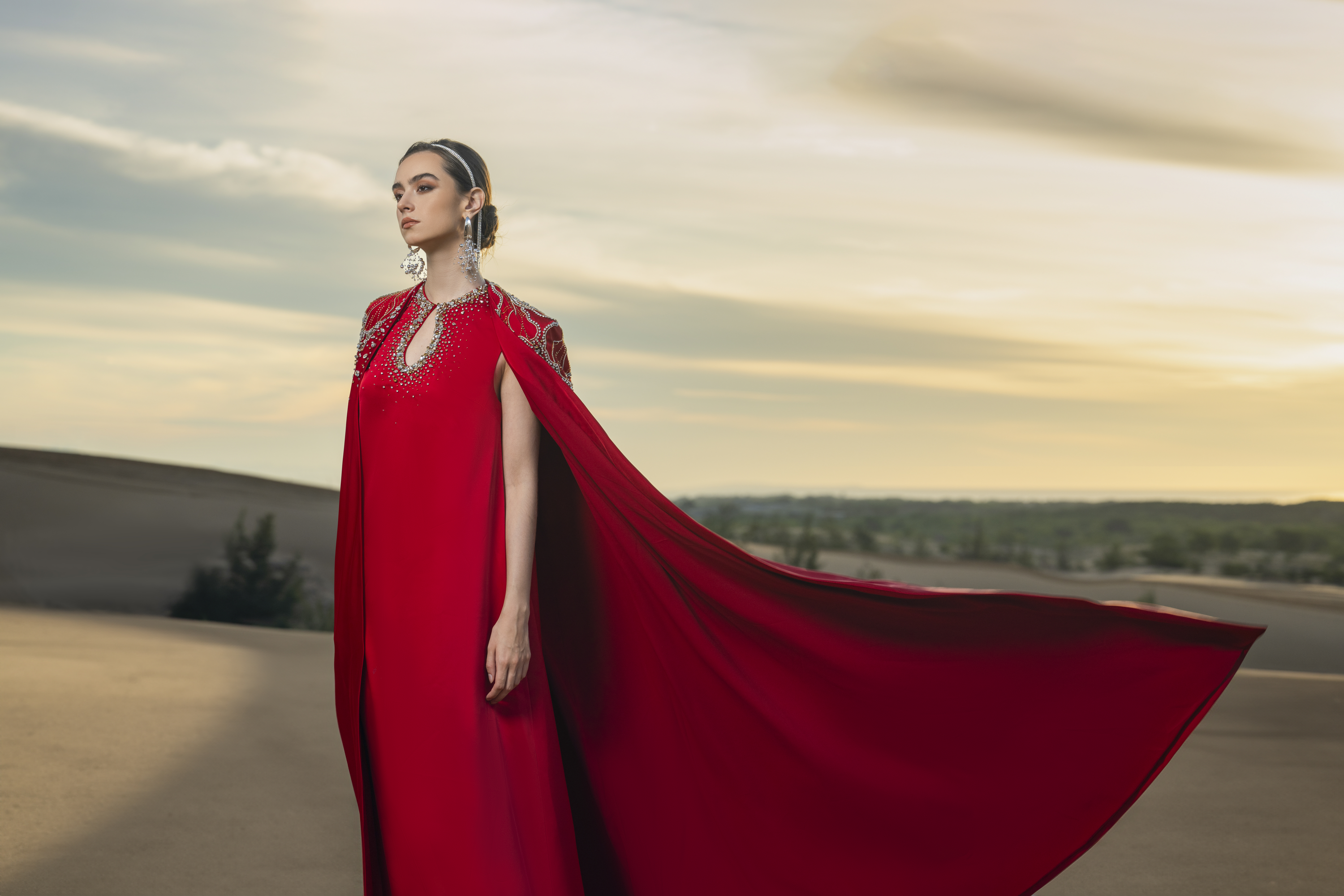 Sophistic Cape Keyhole Neck Velvet Satin Maxi Set