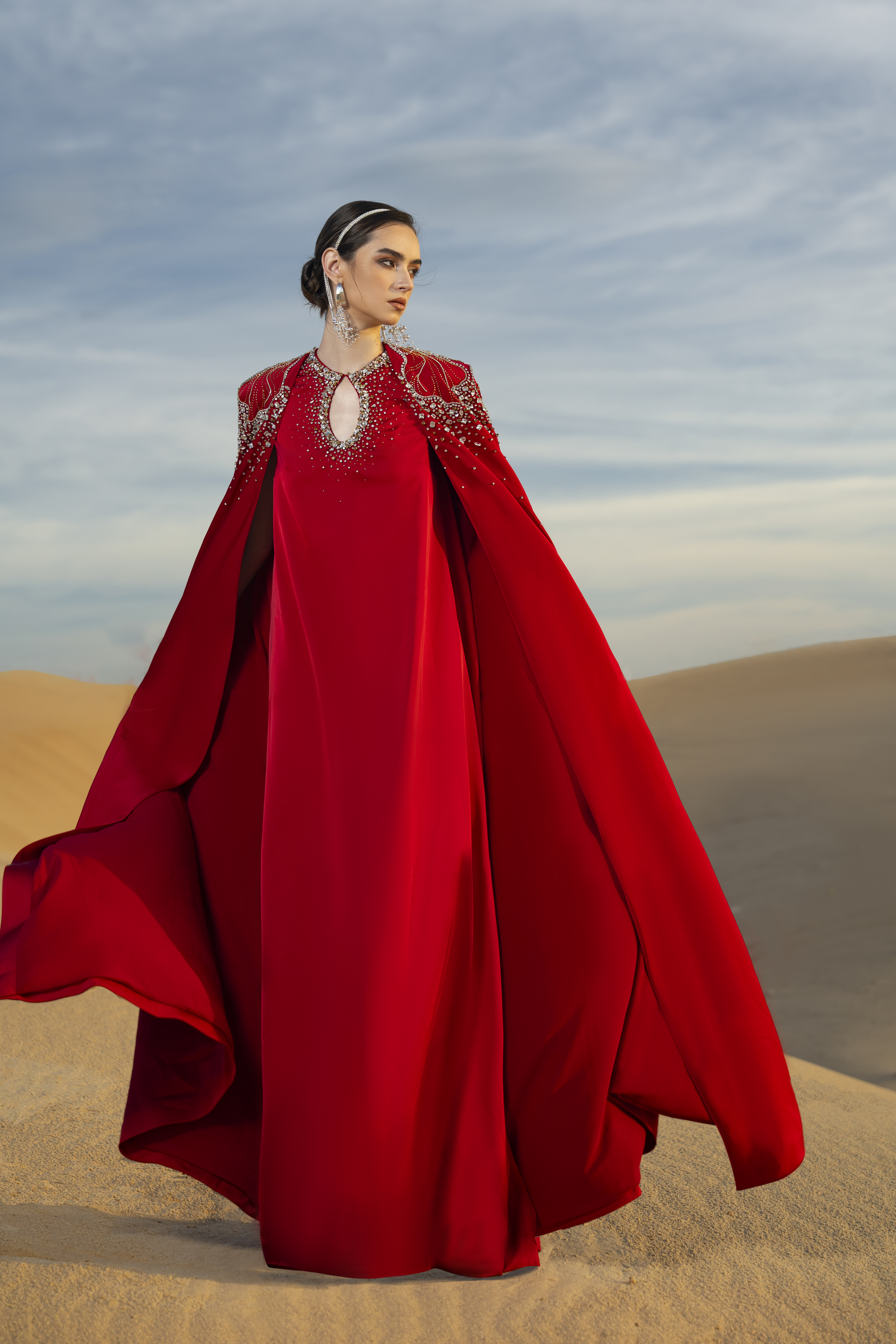 Sophistic Cape Keyhole Neck Velvet Satin Maxi Set
