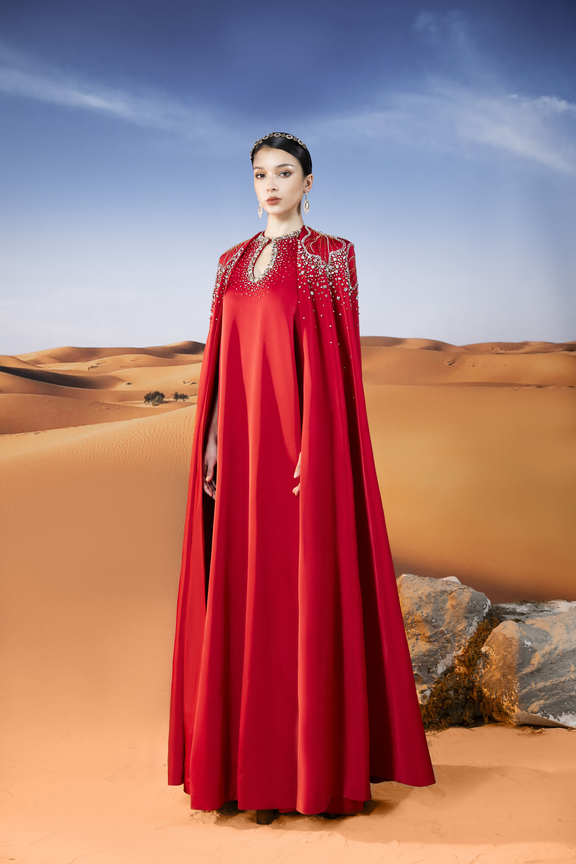 Sophistic Cape Keyhole Neck Velvet Satin Maxi Set
