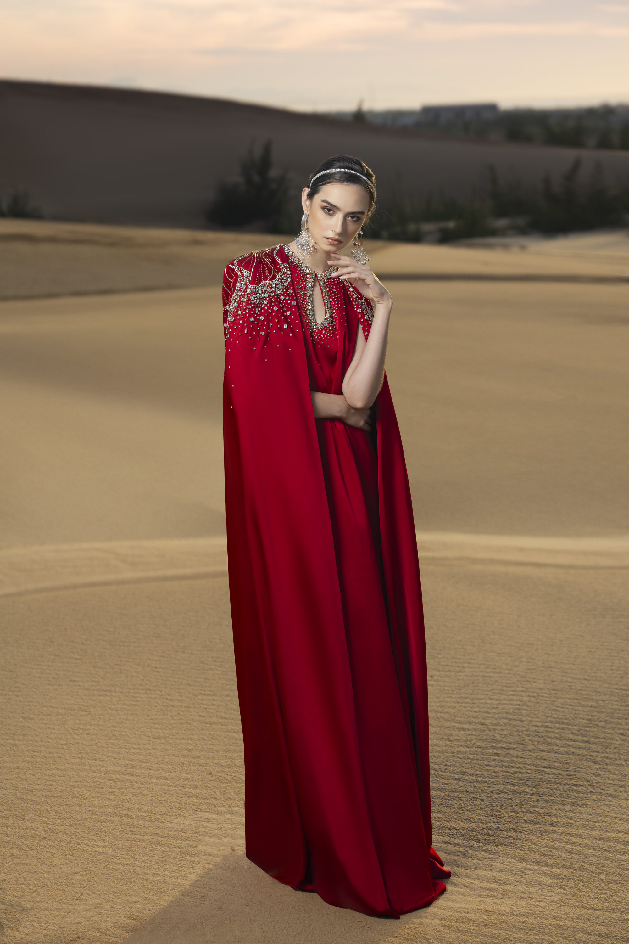 Sophistic Cape Keyhole Neck Velvet Satin Maxi Set