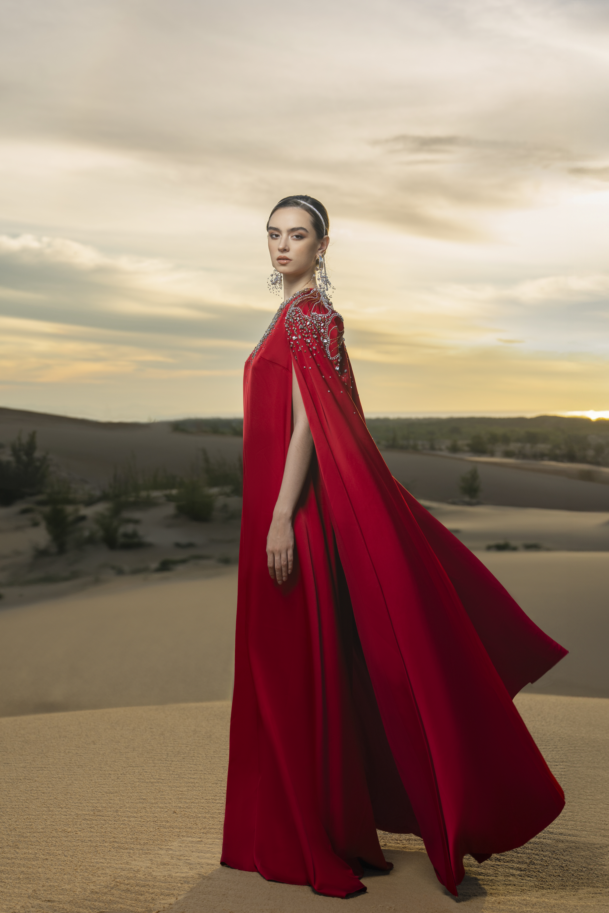 Sophistic Cape Keyhole Neck Velvet Satin Maxi Set