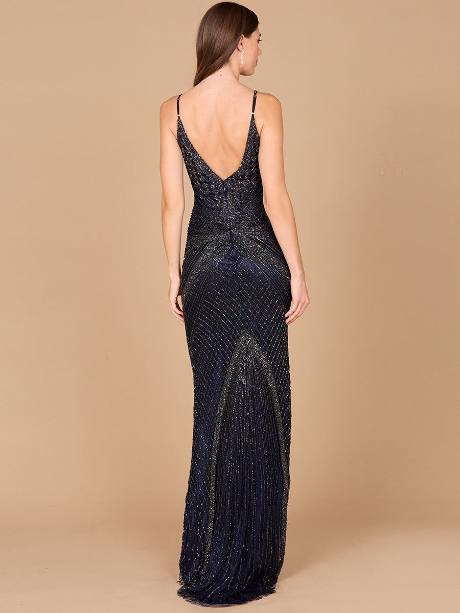Spaghetti Strap Navy Beaded Evening Dress with Intricate Detailing 29595