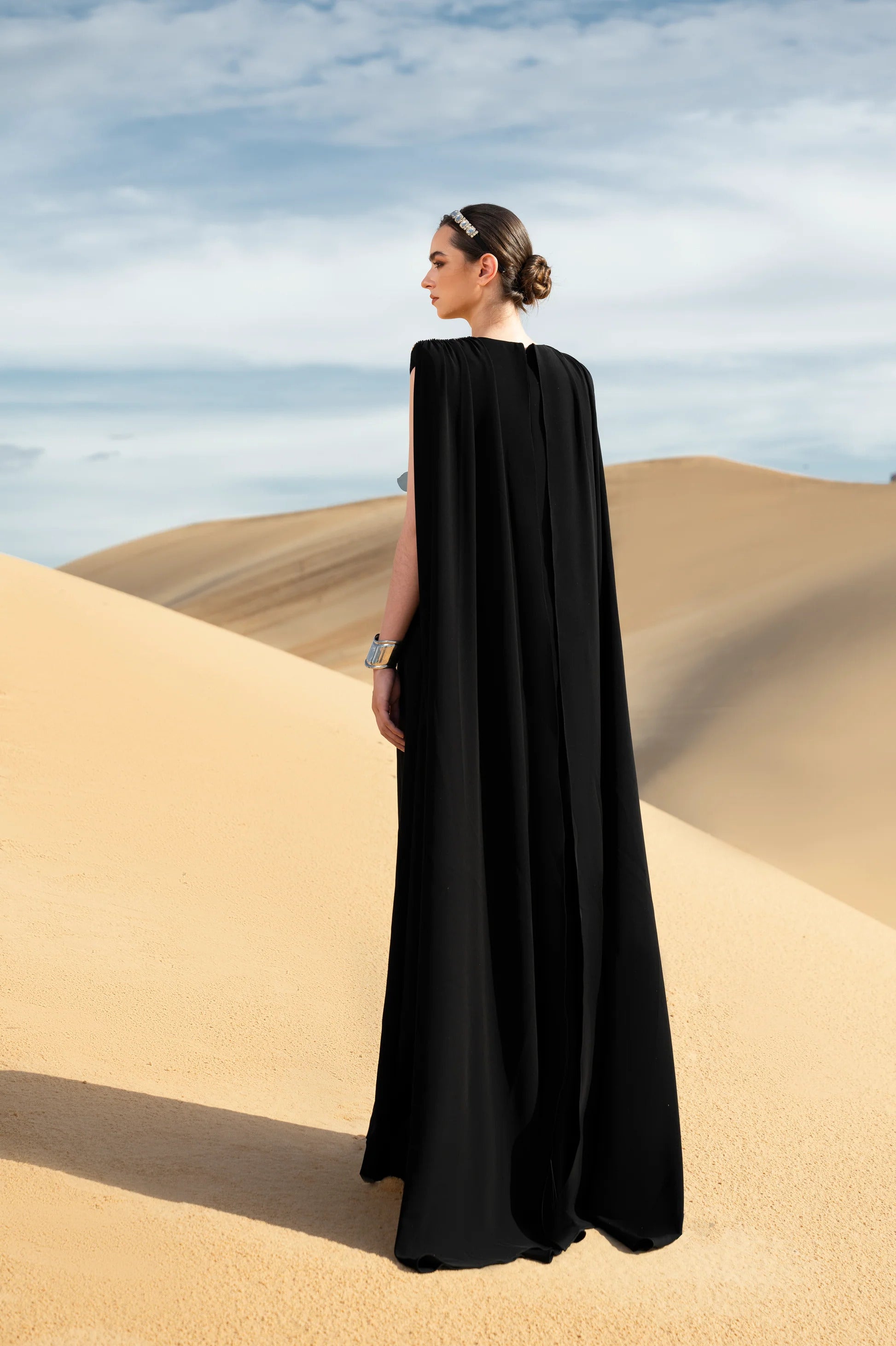 Stefania Cape Sleeveless Velvet Satin Maxi Dress