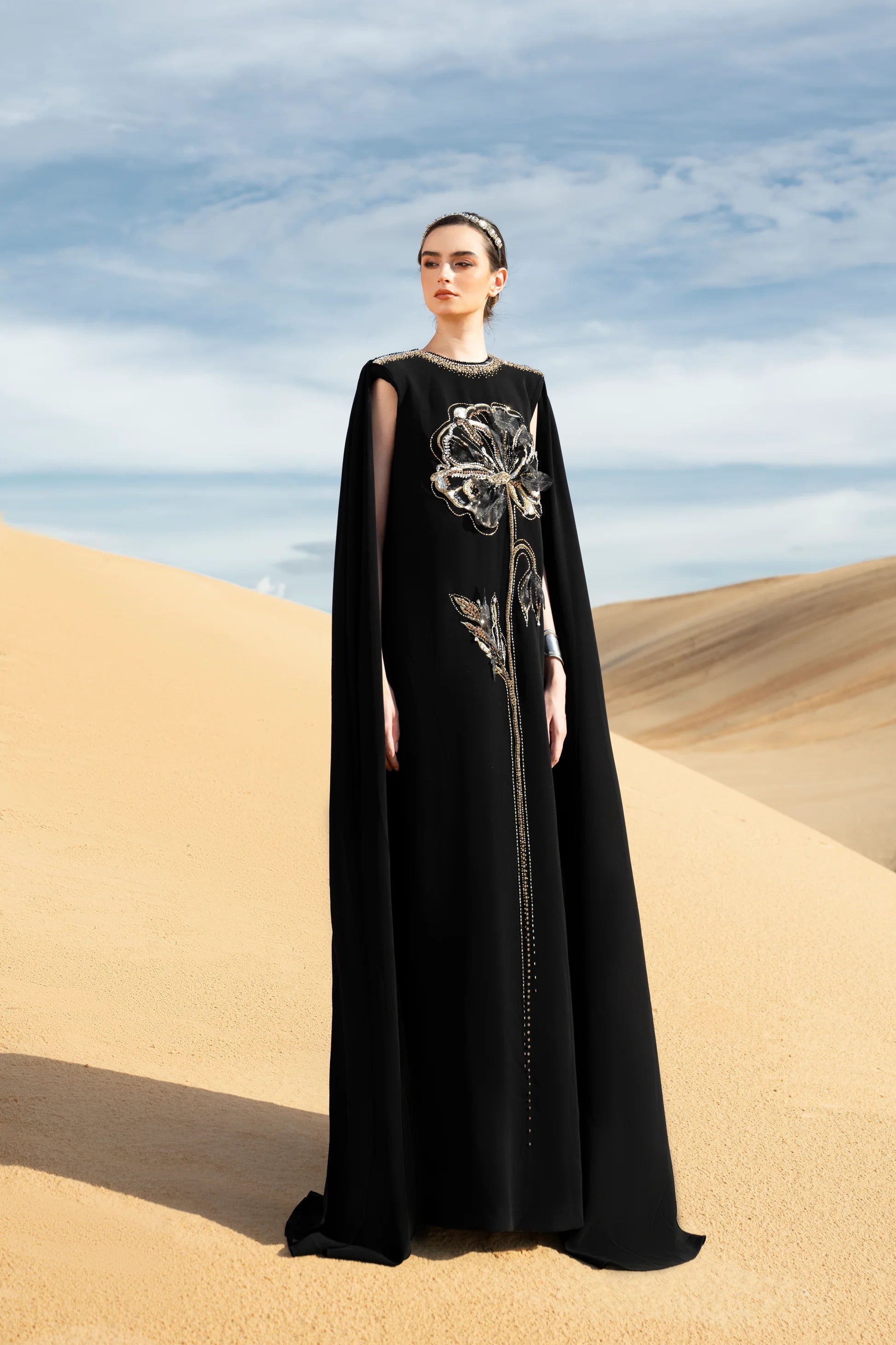 Stefania Cape Sleeveless Velvet Satin Maxi Dress