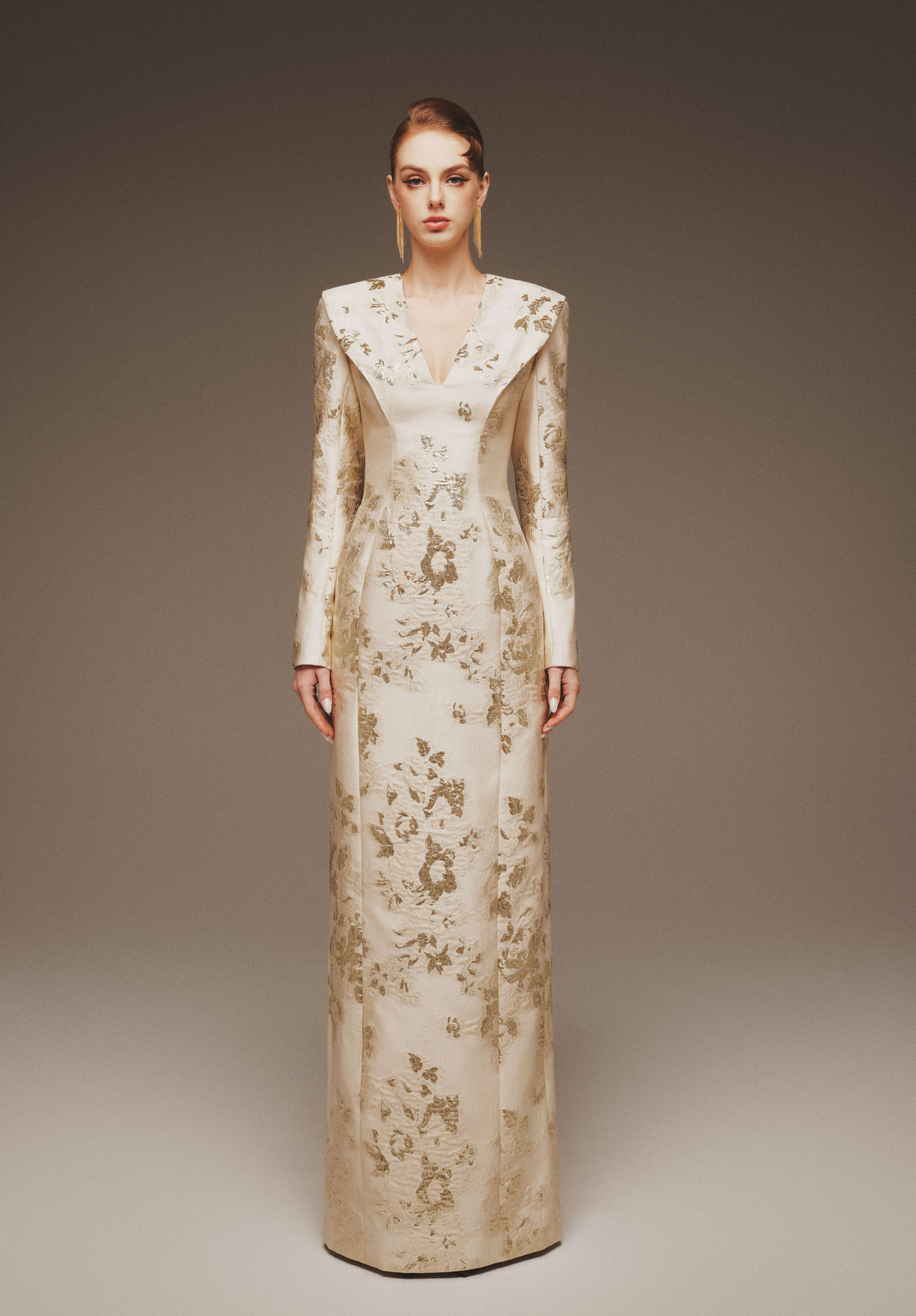 Structured V-Neck Taffeta Silk Gown