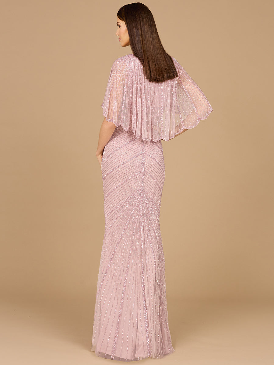 Style 29022 – Blush Beaded Cape Sleeve Gown | High Back Modest Formal Evening Dress