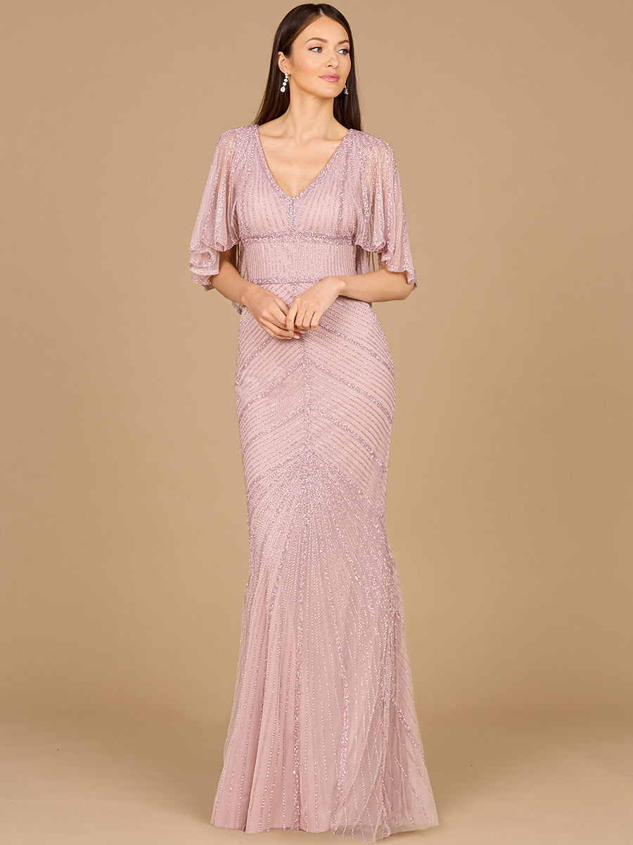 Style 29022 – Blush Beaded Cape Sleeve Gown | High Back Modest Formal Evening Dress