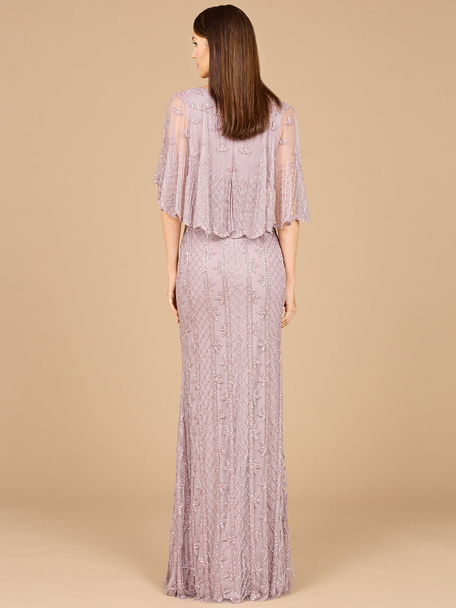 Style 29023 – Lilac Beaded Cape Sleeve Mermaid Gown | High Back Modest Evening Dress