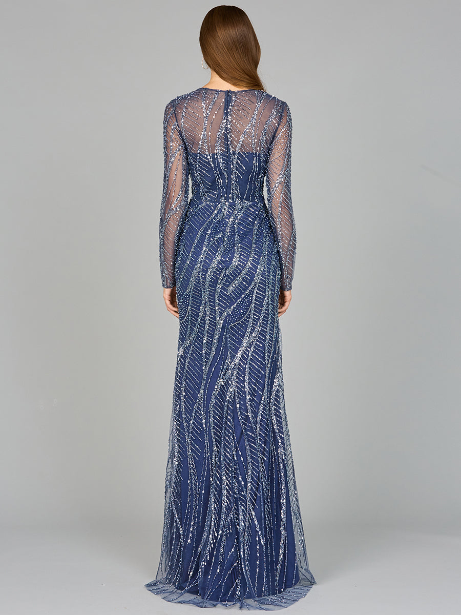 Style 29039 – Blue Long Sleeve A-Line Modest Gown | Elegant Mother of the Bride Formal Evening Dress