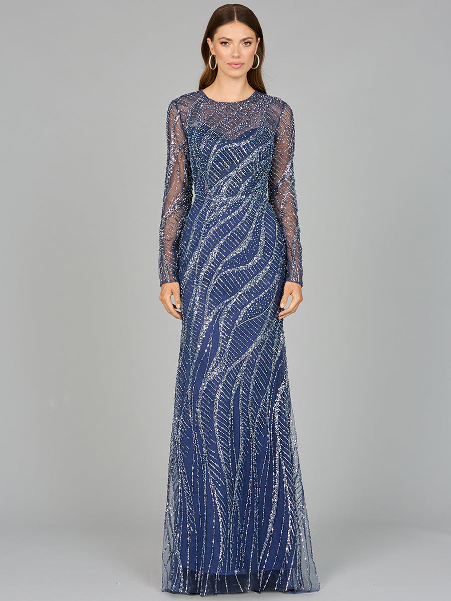Style 29039 – Blue Long Sleeve A-Line Modest Gown | Elegant Mother of the Bride Formal Evening Dress