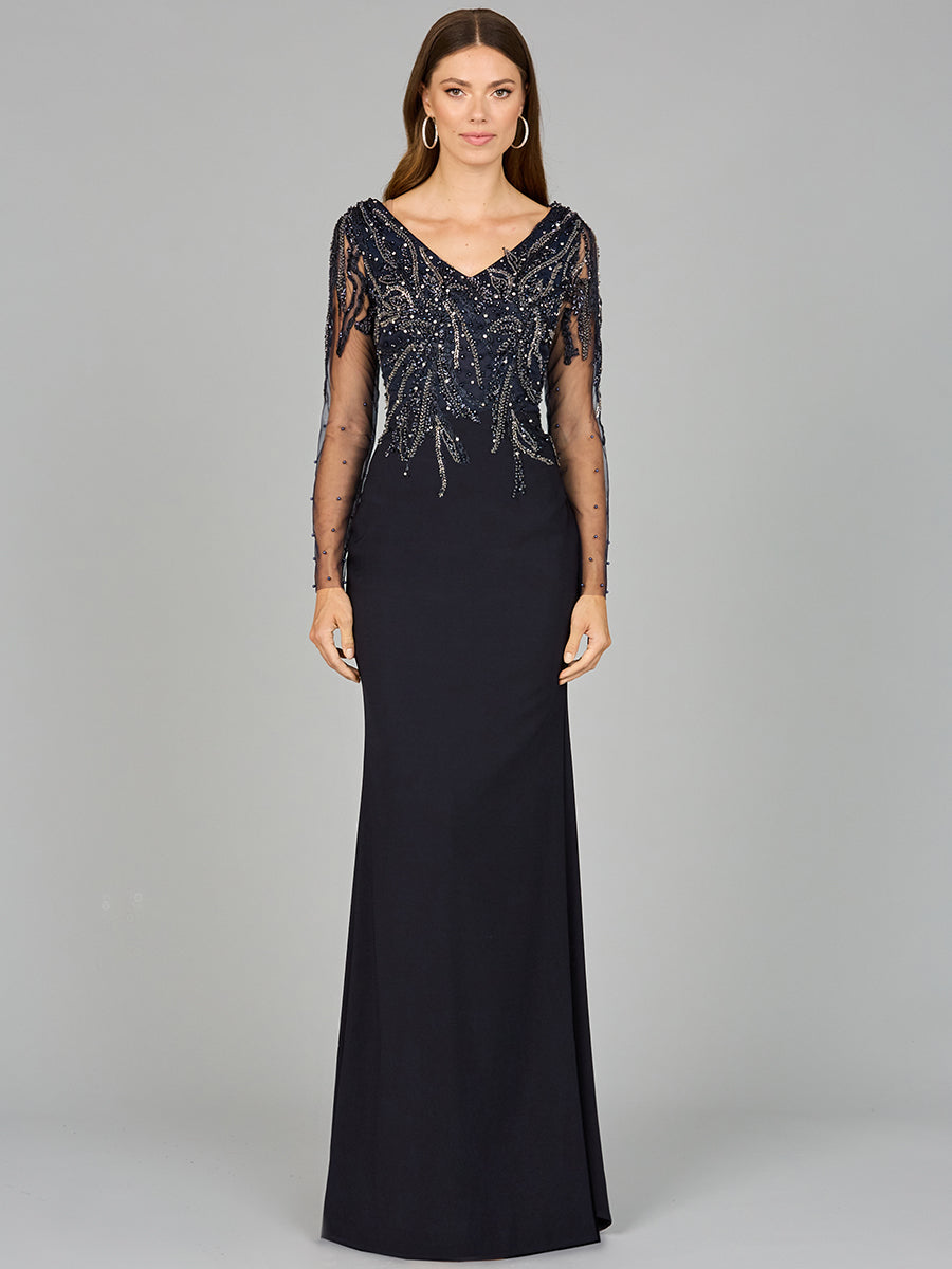 Style 29044 – Navy Long Sleeve Column Gown | Elegant Mother of the Bride Formal Evening Dress