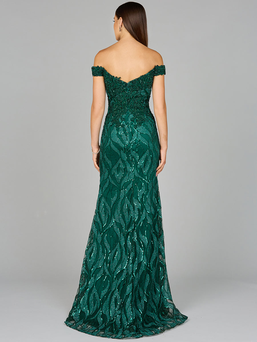 Style 29045 – Off-Shoulder Sleeveless A-Line Long Gown | Elegant Formal Evening Dress in Green & Rose
