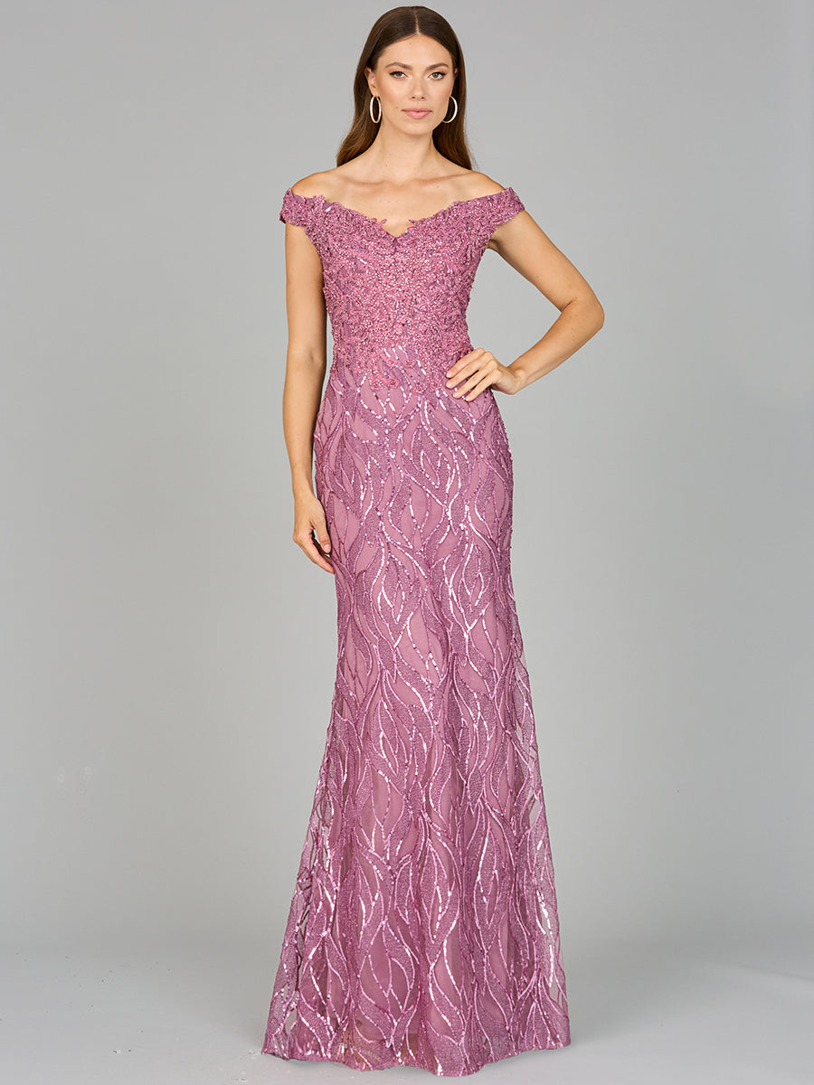 Style 29045 – Off-Shoulder Sleeveless A-Line Long Gown | Elegant Formal Evening Dress in Green & Rose
