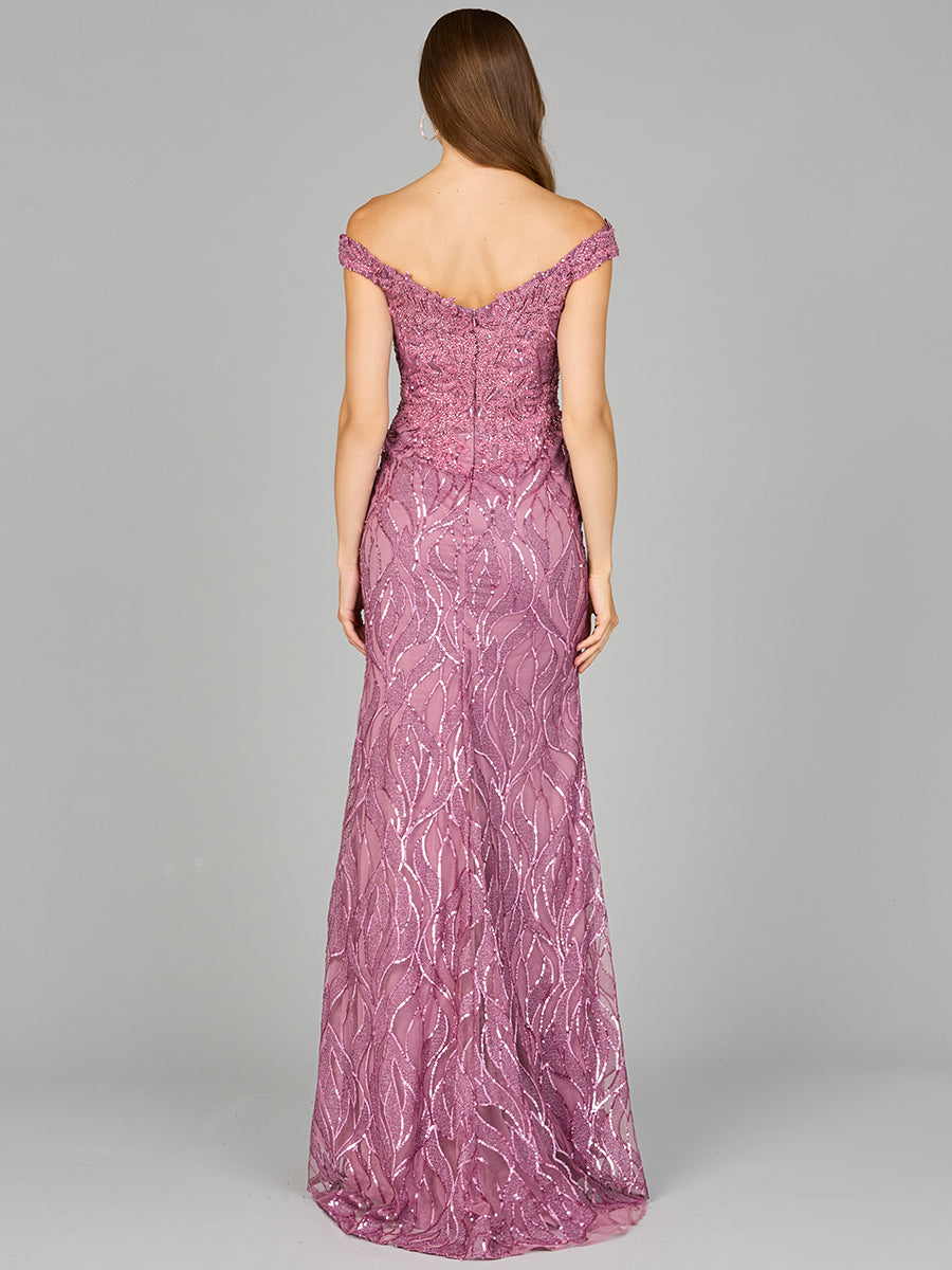 Style 29045 – Off-Shoulder Sleeveless A-Line Long Gown | Elegant Formal Evening Dress in Green & Rose