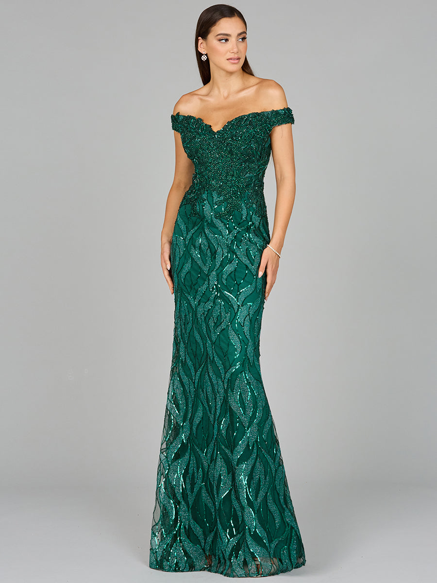 Style 29045 – Off-Shoulder Sleeveless A-Line Long Gown | Elegant Formal Evening Dress in Green & Rose