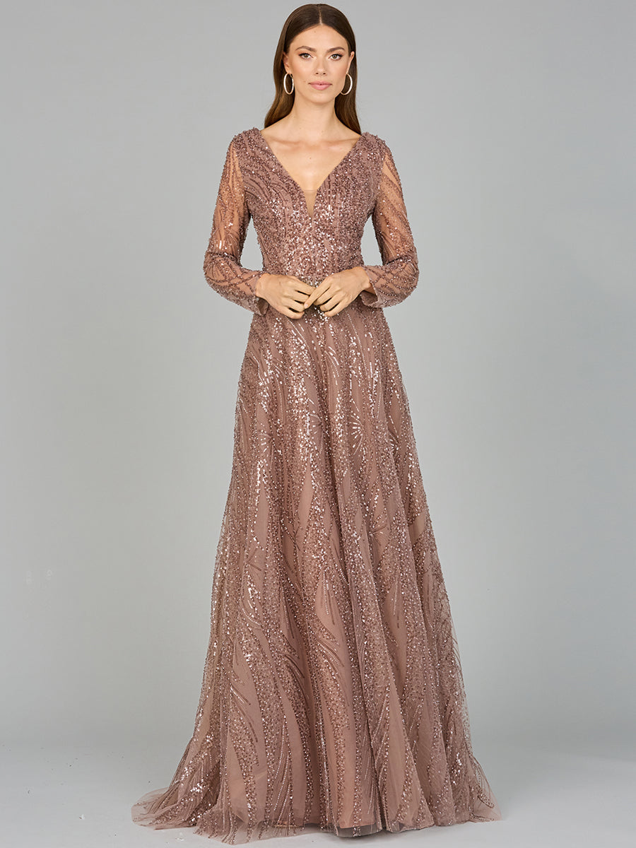 Style 29052 – Taupe Long Sleeve Ball Gown | Modest Mother of the Bride Formal Evening Dress