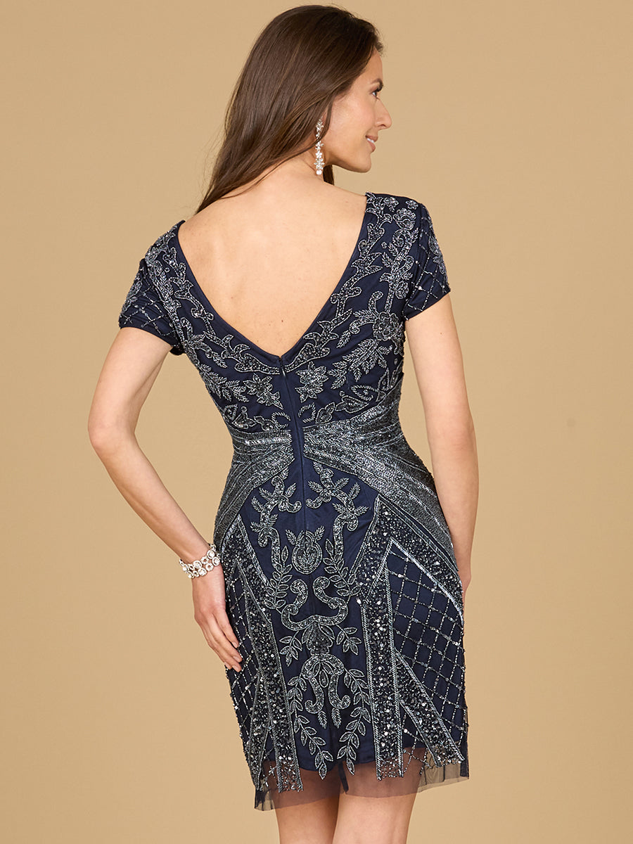 Style 29055 – Navy Rhinestone Beaded Cap Sleeve Mini Dress | Floral Geometric V-Neck