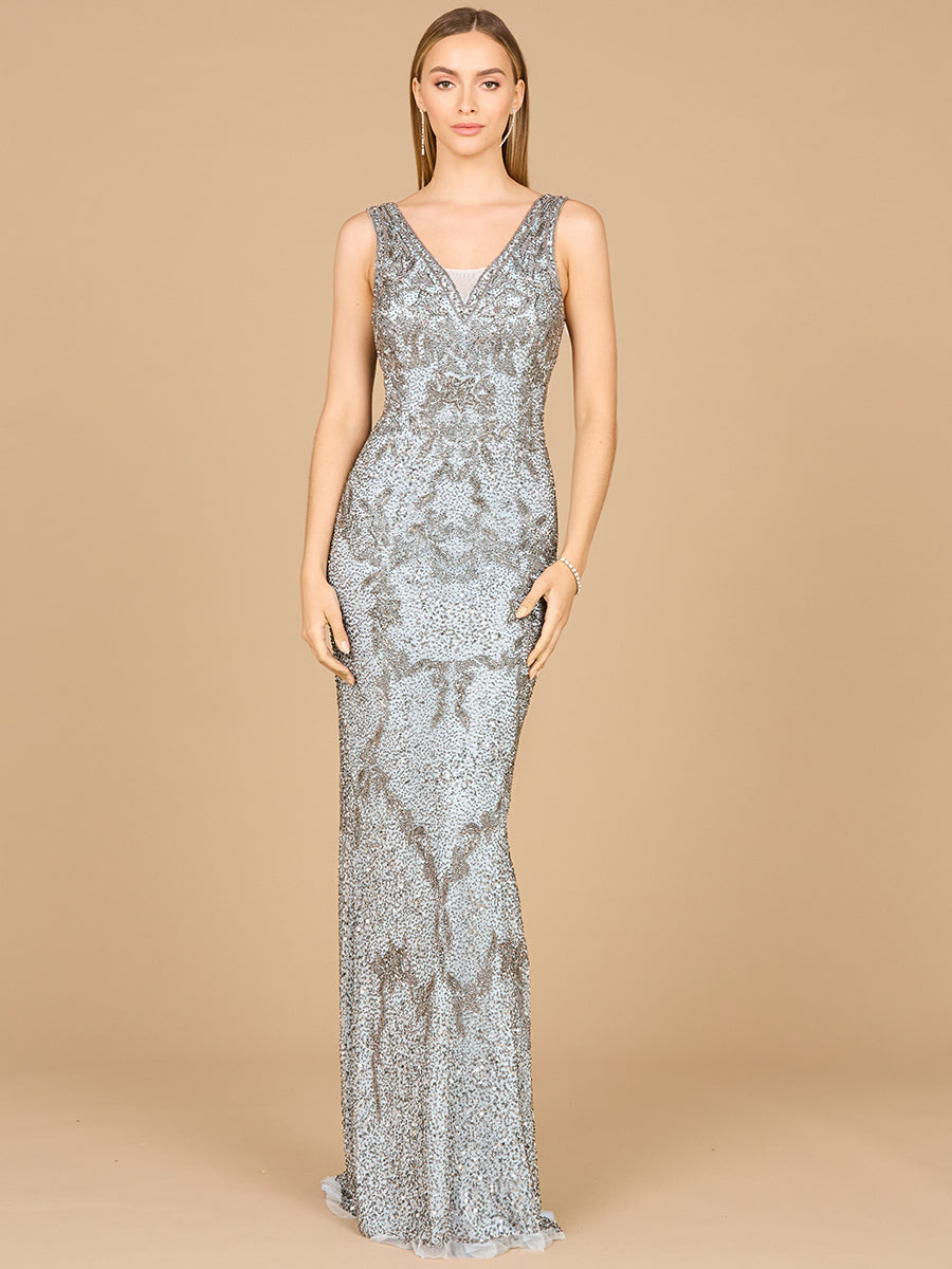 Style 29076 – Slate Beaded Sequin Sleeveless Long Gown | V-Neck Cowl Back Evening Dress