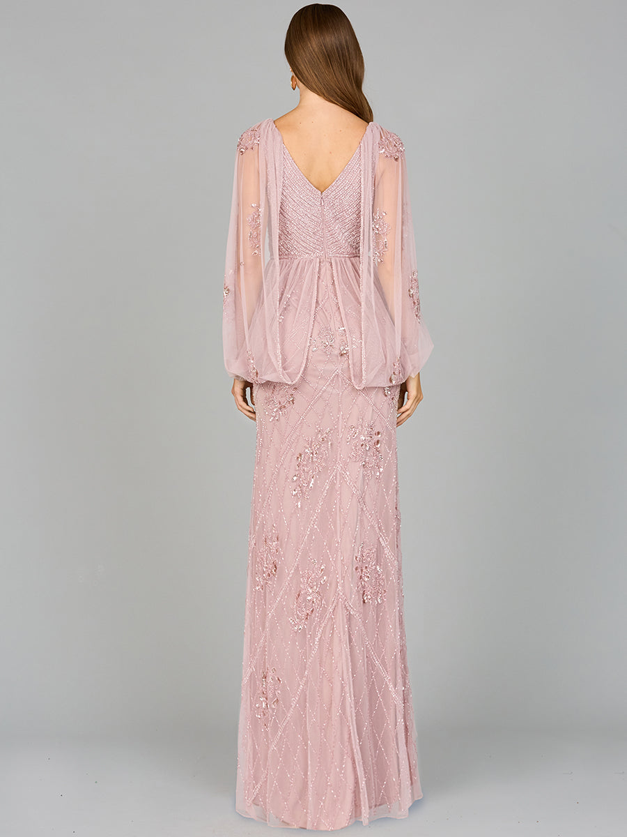 Style 29095 – Long Sleeve A-Line Column Gown | Modest Formal Evening Dress in Dusty Rose & Silver