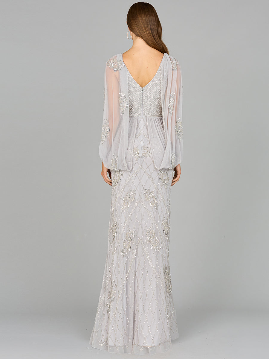 Style 29095 – Long Sleeve A-Line Column Gown | Modest Formal Evening Dress in Dusty Rose & Silver