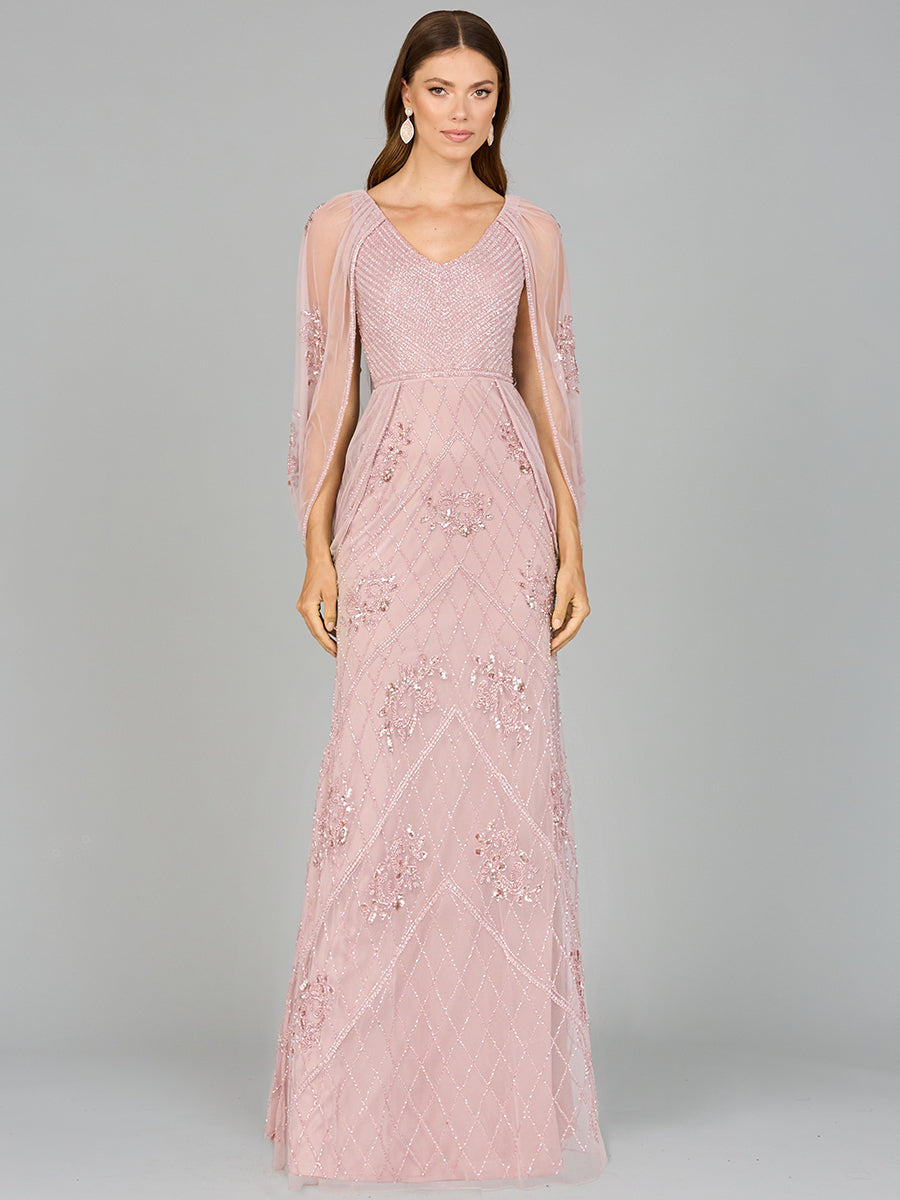 Style 29095 – Long Sleeve A-Line Column Gown | Modest Formal Evening Dress in Dusty Rose & Silver