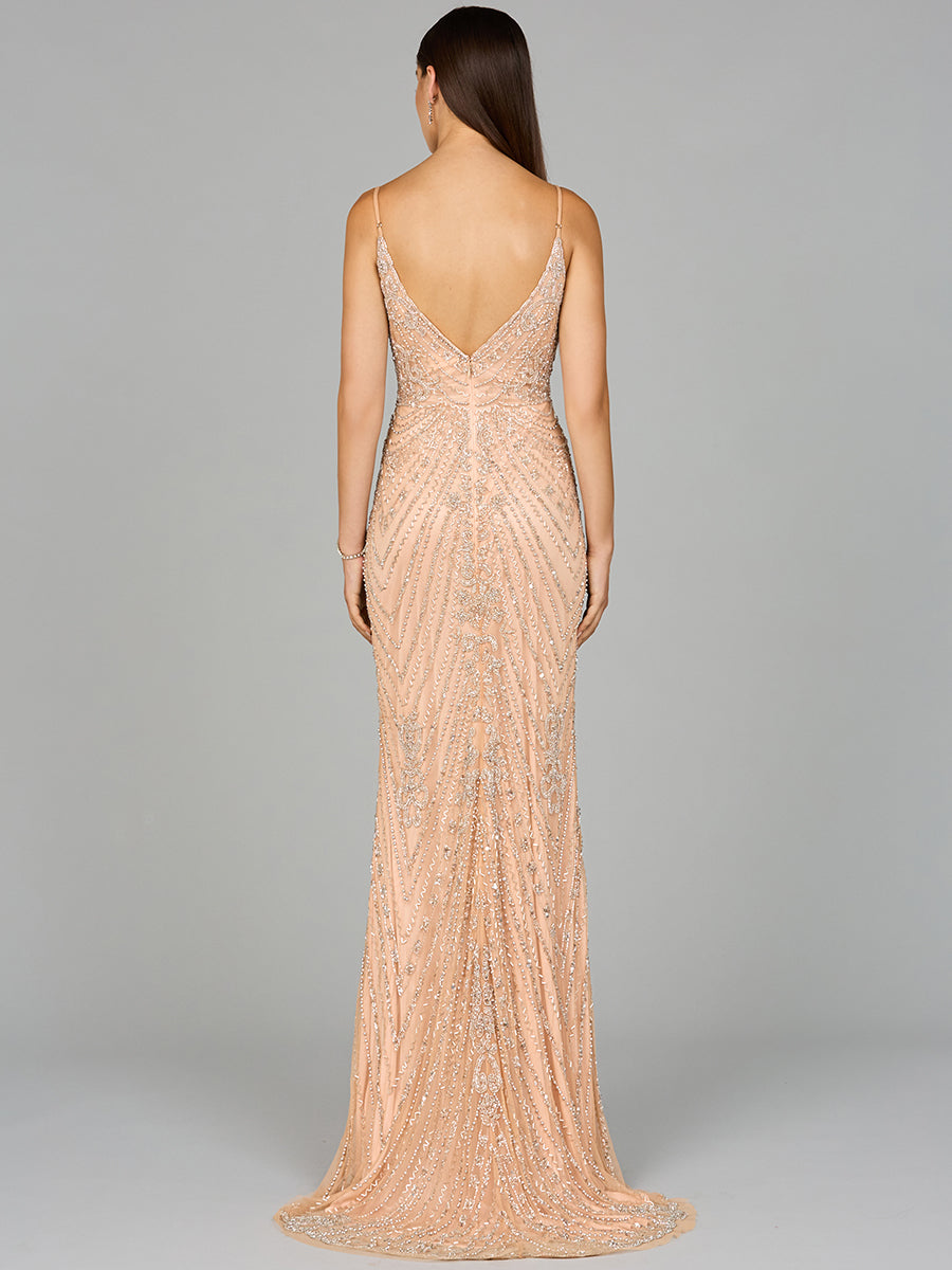 Style 29109 Beaded V-Neck Column Evening Gown - Blush & Navy