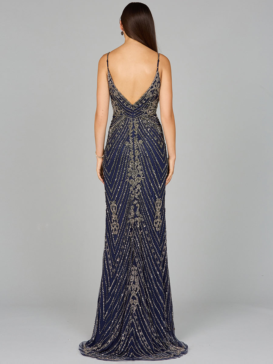 Style 29109 Beaded V-Neck Column Evening Gown - Blush & Navy