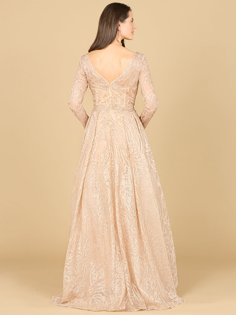 Style 29142 – Champagne Lace Ball Gown | Sheer Long Sleeve V-Neck Modest Mother of the Bride