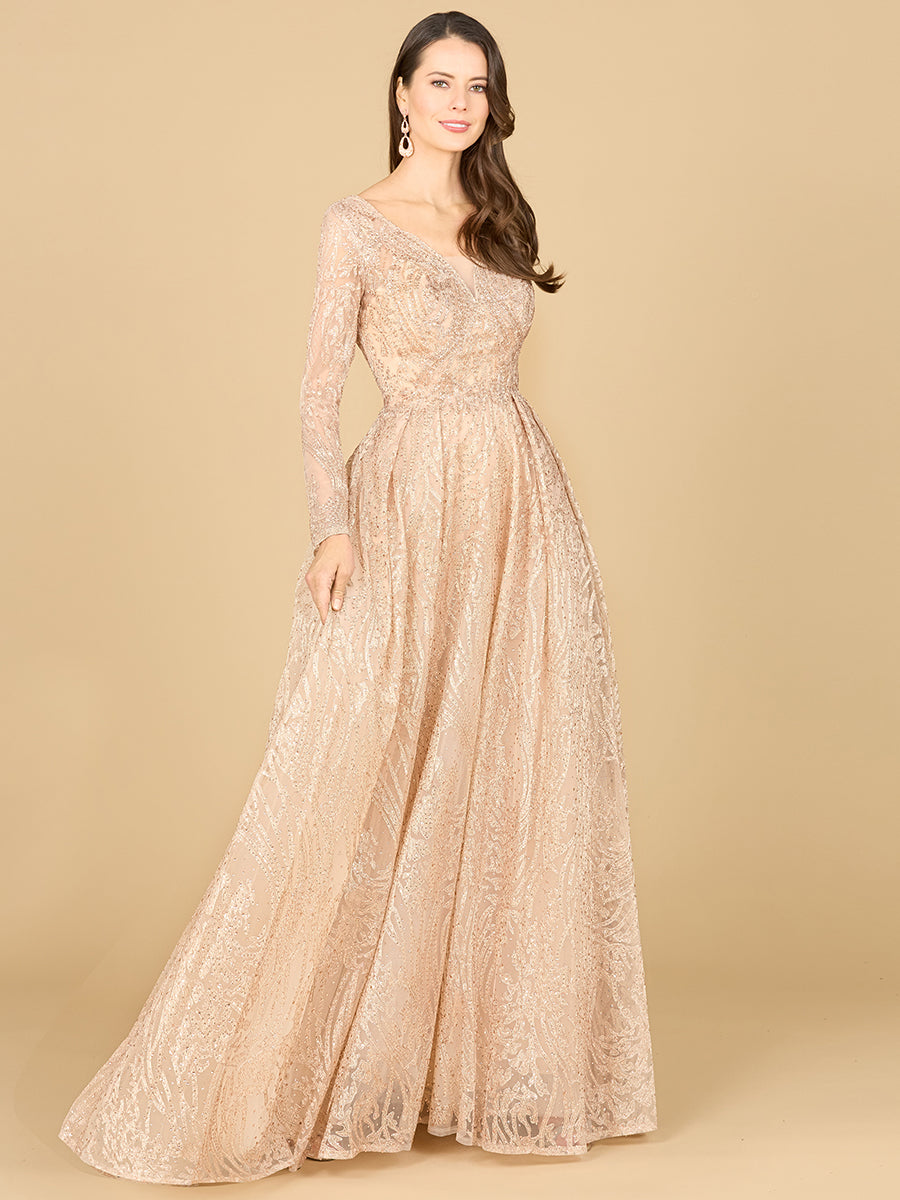 Style 29142 – Champagne Lace Ball Gown | Sheer Long Sleeve V-Neck Modest Mother of the Bride