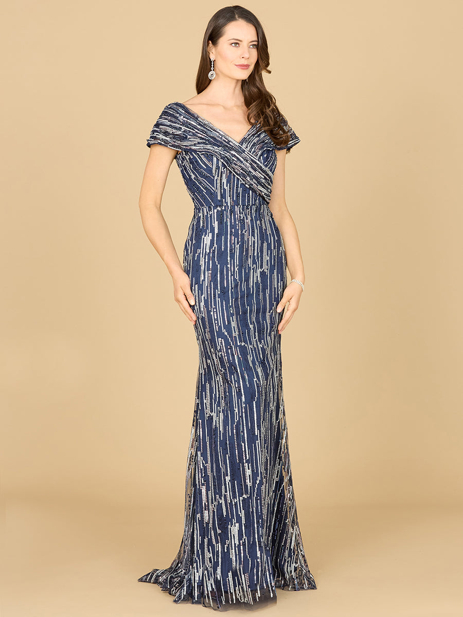 Style 29144 – Lace Mermaid Gown | V-Neck Off-Shoulder Cap Sleeve Mother of the Bride Dress